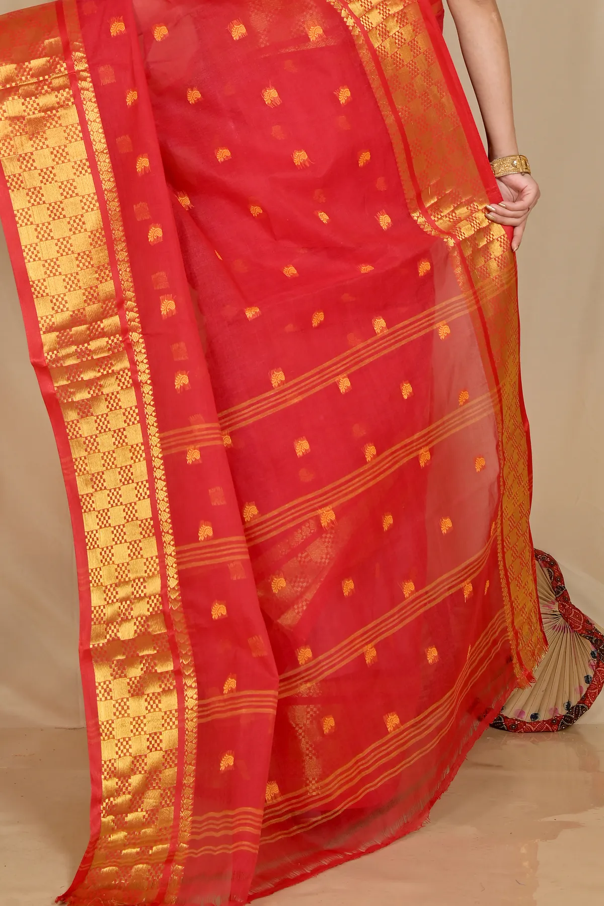 DipDiya Pure Cotton Red Atula Wrapped in Heritage Tant Sarees