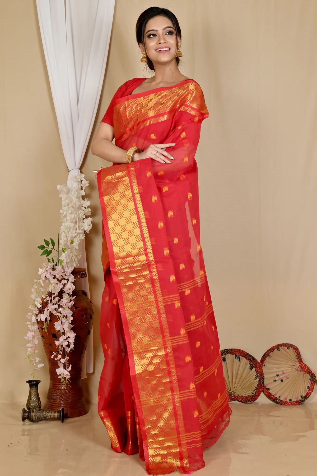 DipDiya Pure Cotton Red Atula Wrapped in Heritage Tant Sarees