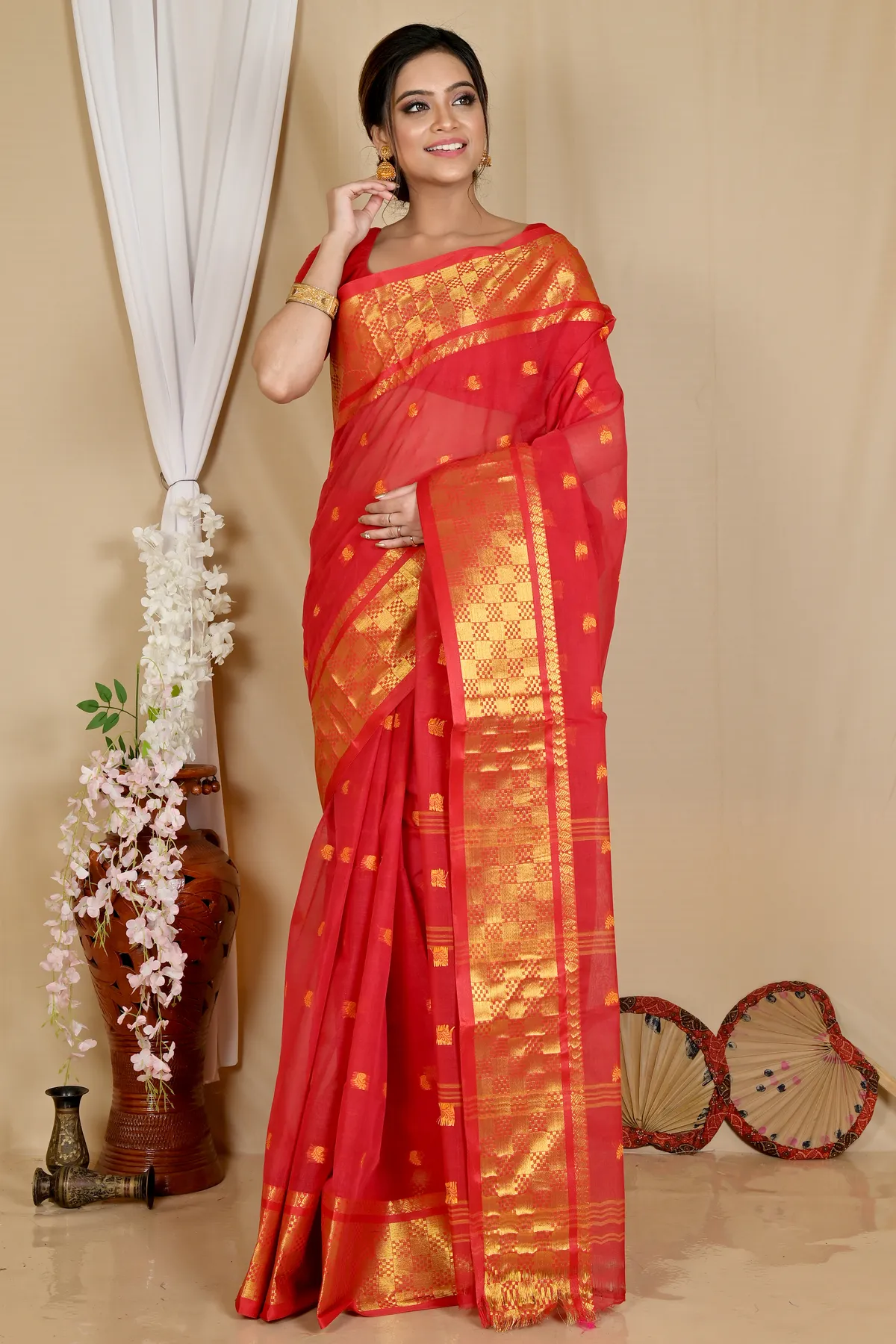 DipDiya Pure Cotton Red Atula Wrapped in Heritage Tant Sarees