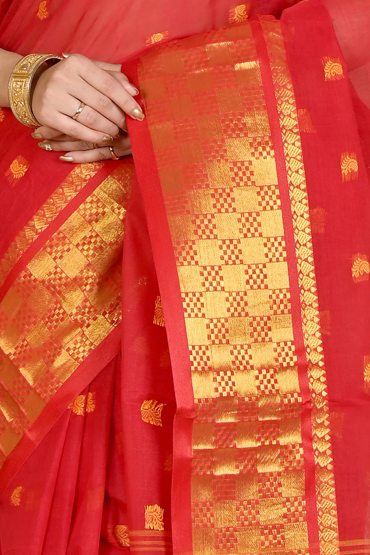 DipDiya Pure Cotton Red Atula Wrapped in Heritage Tant Sarees