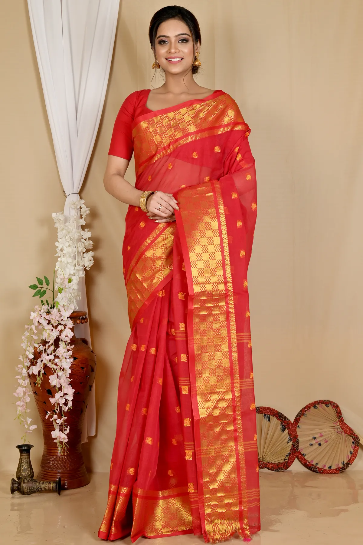 DipDiya Pure Cotton Red Atula Wrapped in Heritage Tant Sarees