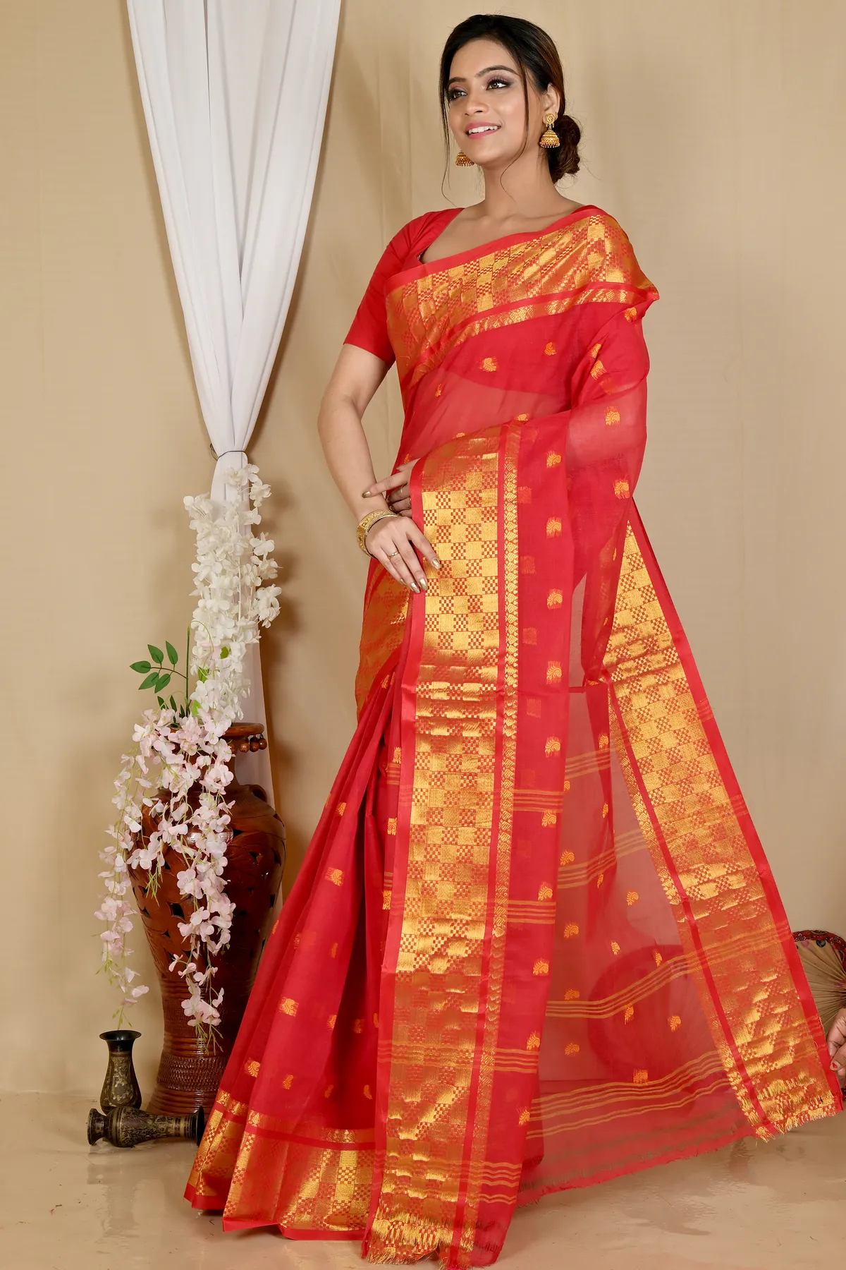 DipDiya Pure Cotton Red Atula Wrapped in Heritage Tant Sarees