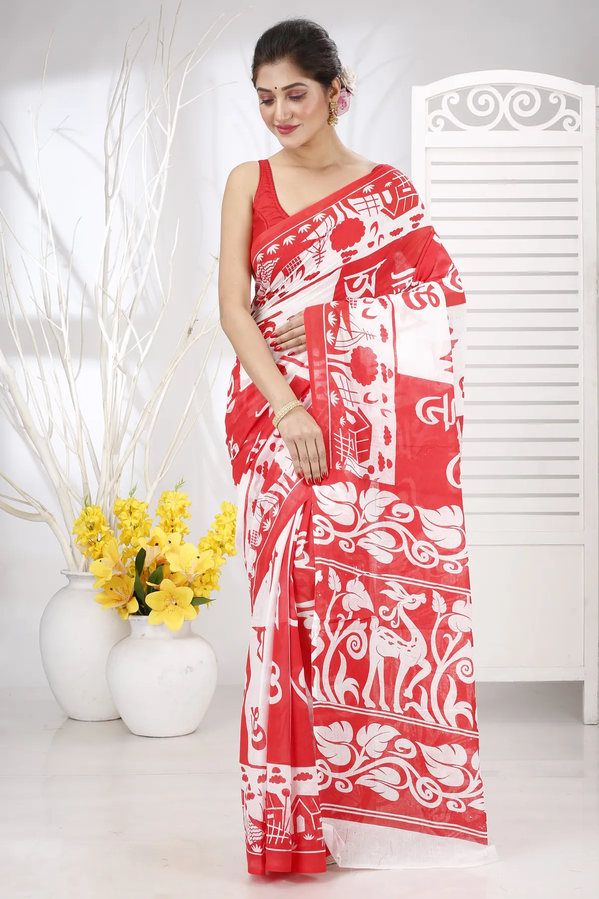 DipDiya Pure Cotton Red Barnomala Crafted in Bengal Handloom Sarees