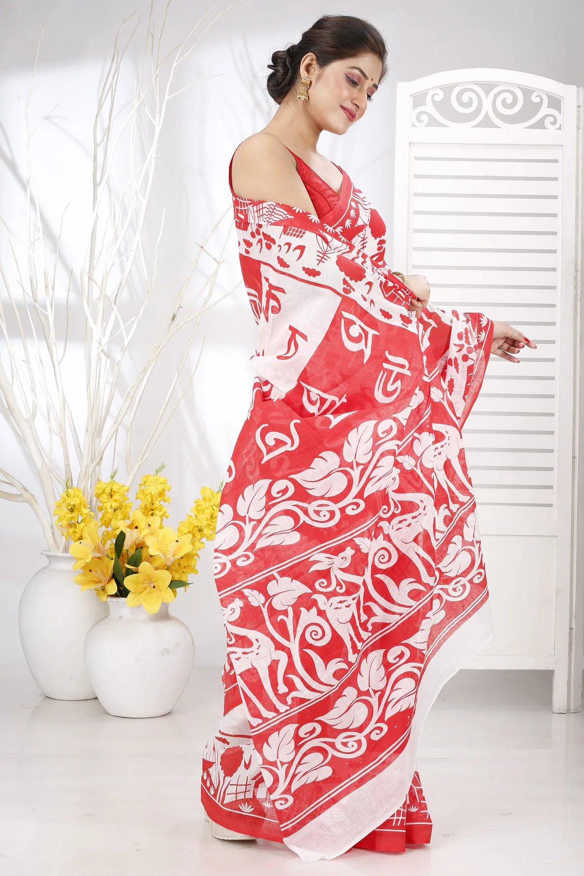 DipDiya Pure Cotton Red Barnomala Crafted in Bengal Handloom Sarees