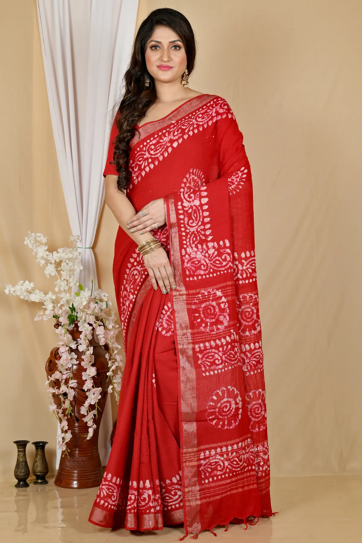 DipDiya Pure Cotton Red Batika Boll Heritage You Can Wear Batik Print Sarees