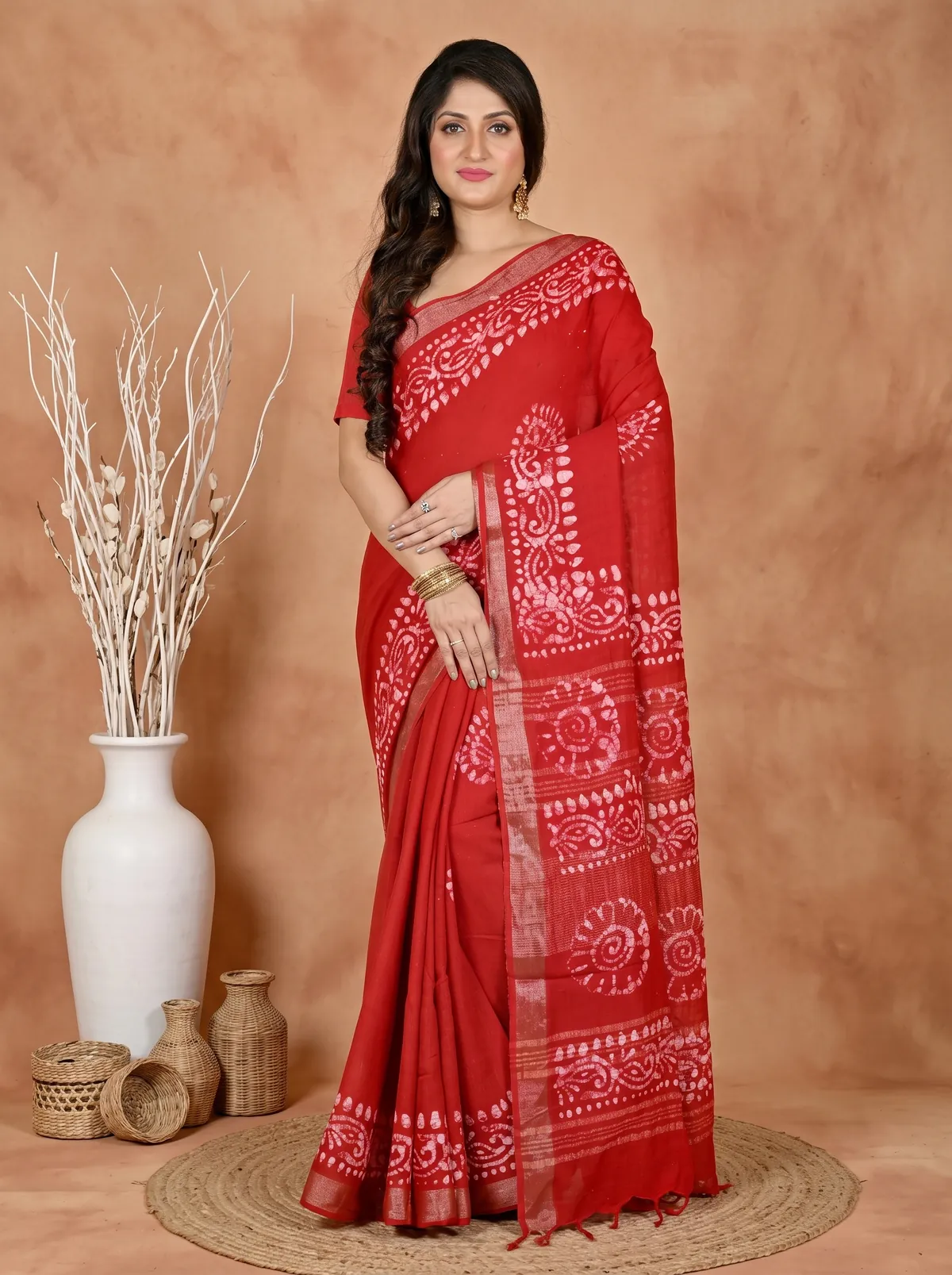 DipDiya Pure Cotton Red Batika Boll Heritage You Can Wear Batik Print Sarees