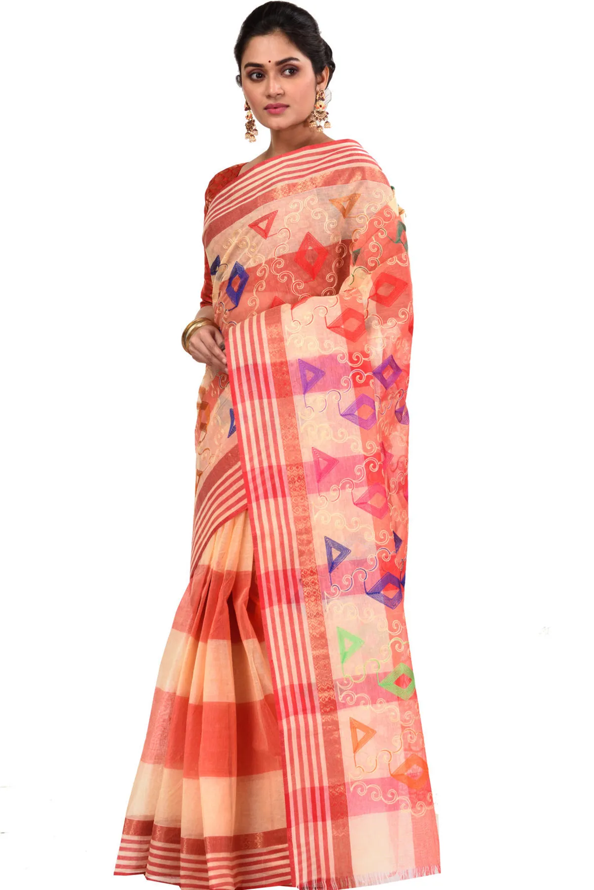 DipDiya Pure Cotton Red Borfy Embo Bengal’s Legacy Embroidery Tant Sarees
