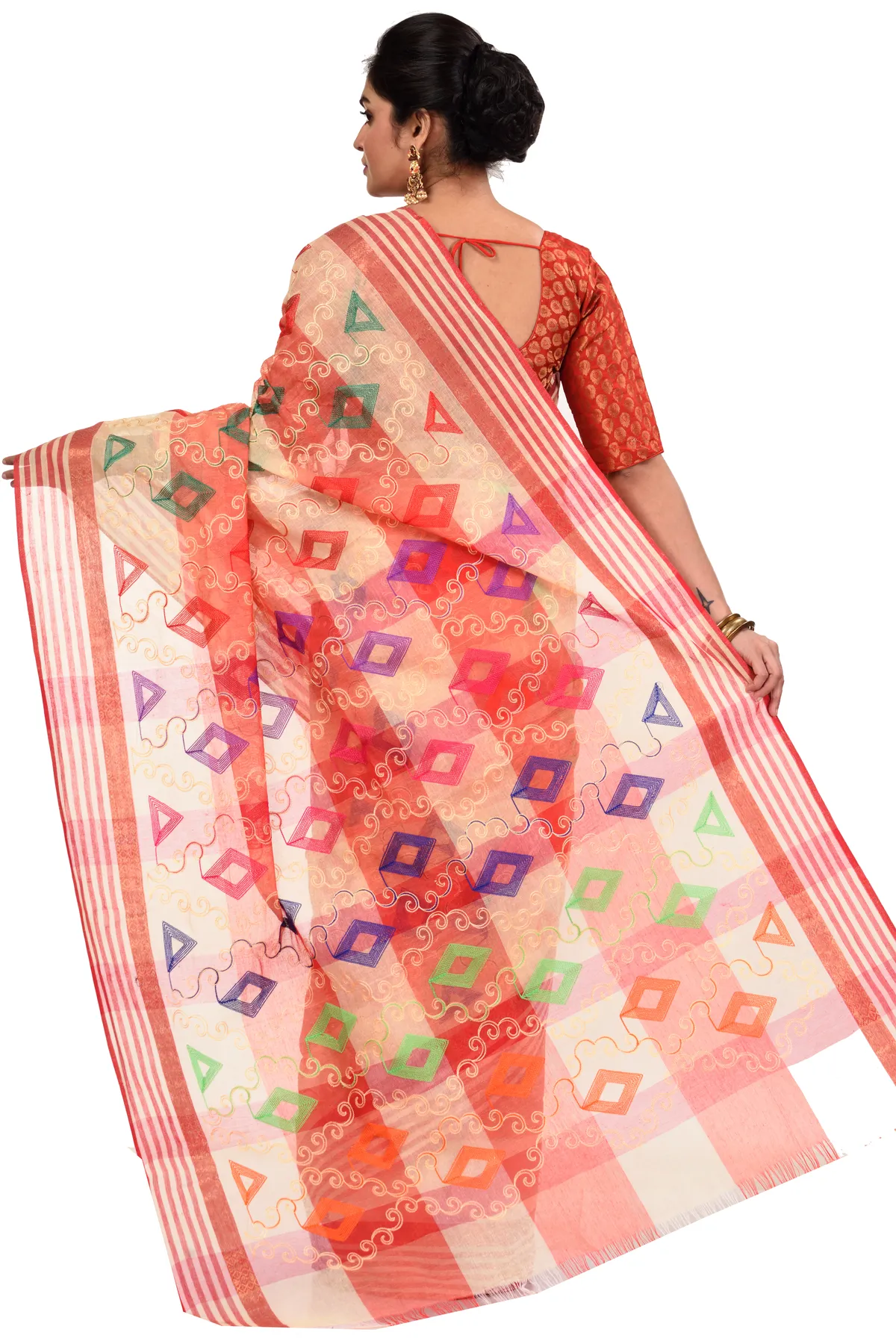DipDiya Pure Cotton Red Borfy Embo Bengal’s Legacy Embroidery Tant Sarees