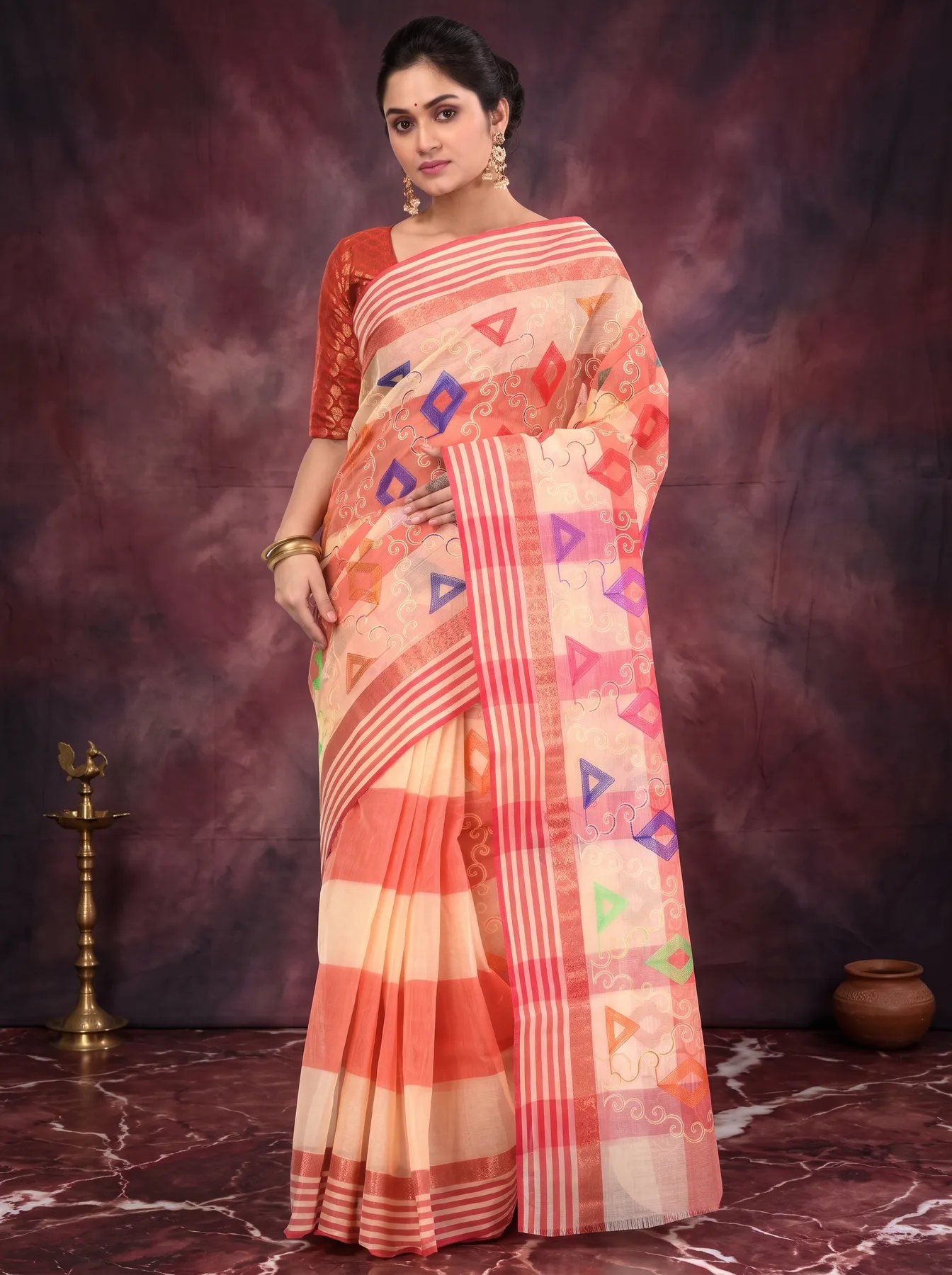 DipDiya Pure Cotton Red Borfy Embo Bengal’s Legacy Embroidery Tant Sarees