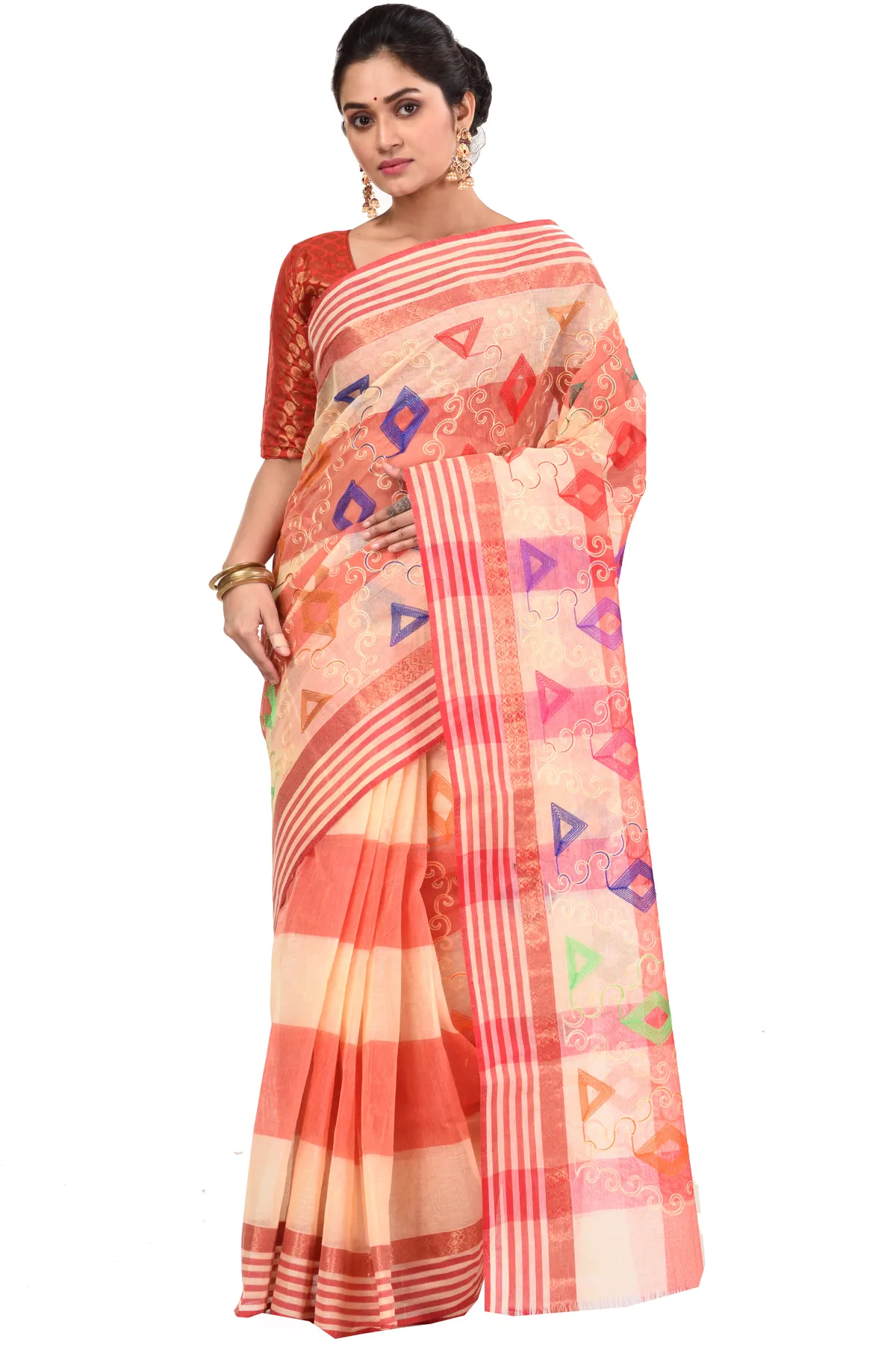 DipDiya Pure Cotton Red Borfy Embo Bengal’s Legacy Embroidery Tant Sarees