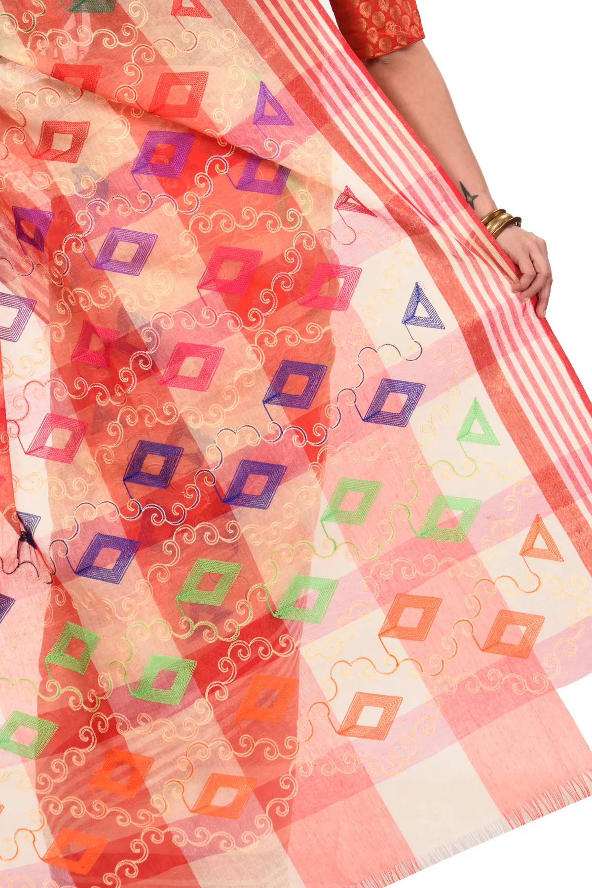 DipDiya Pure Cotton Red Borfy Embo Bengal’s Legacy Embroidery Tant Sarees