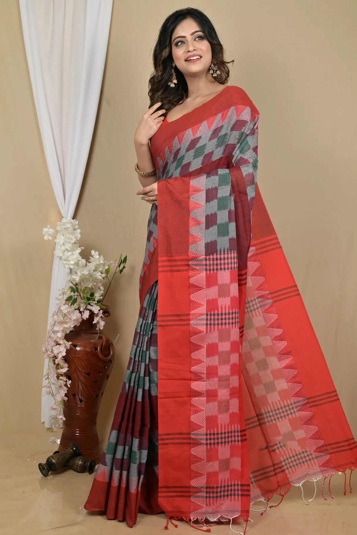DipDiya Pure Cotton Red Brown Hiran Woven with Tradition Handloom Sarees