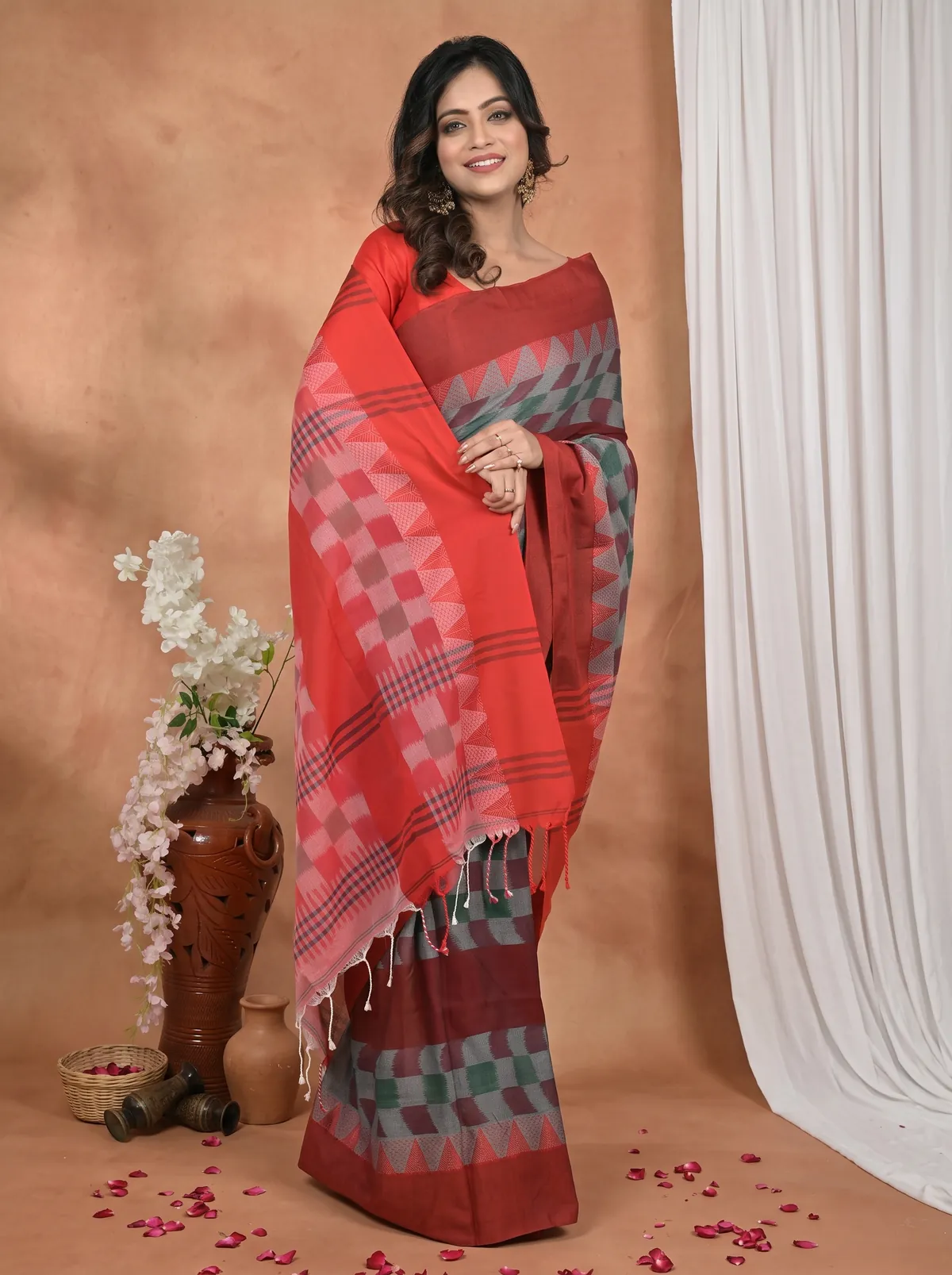 DipDiya Pure Cotton Red Brown Hiran Woven with Tradition Handloom Sarees
