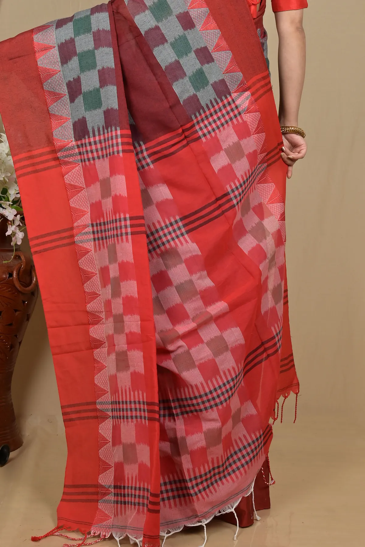 DipDiya Pure Cotton Red Brown Hiran Woven with Tradition Handloom Sarees