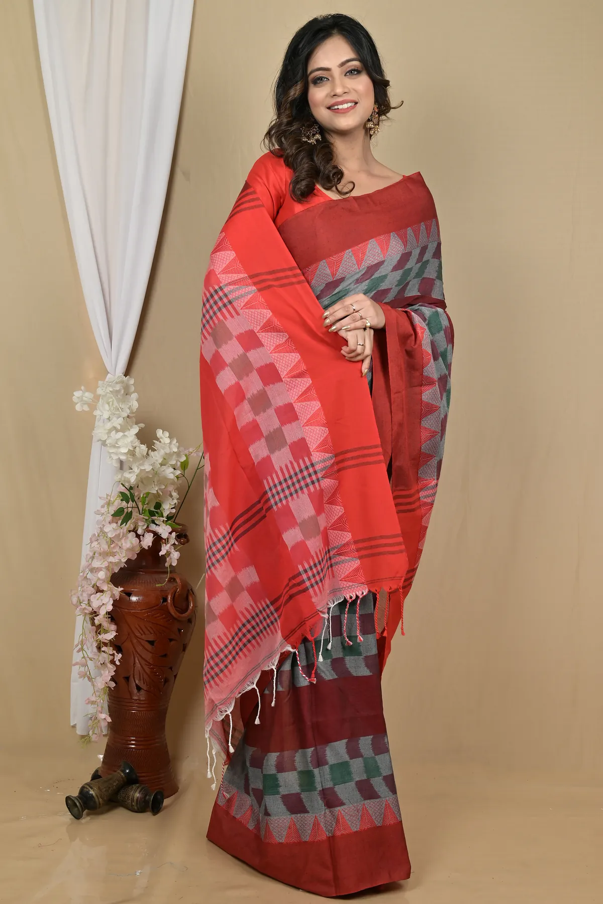 DipDiya Pure Cotton Red Brown Hiran Woven with Tradition Handloom Sarees