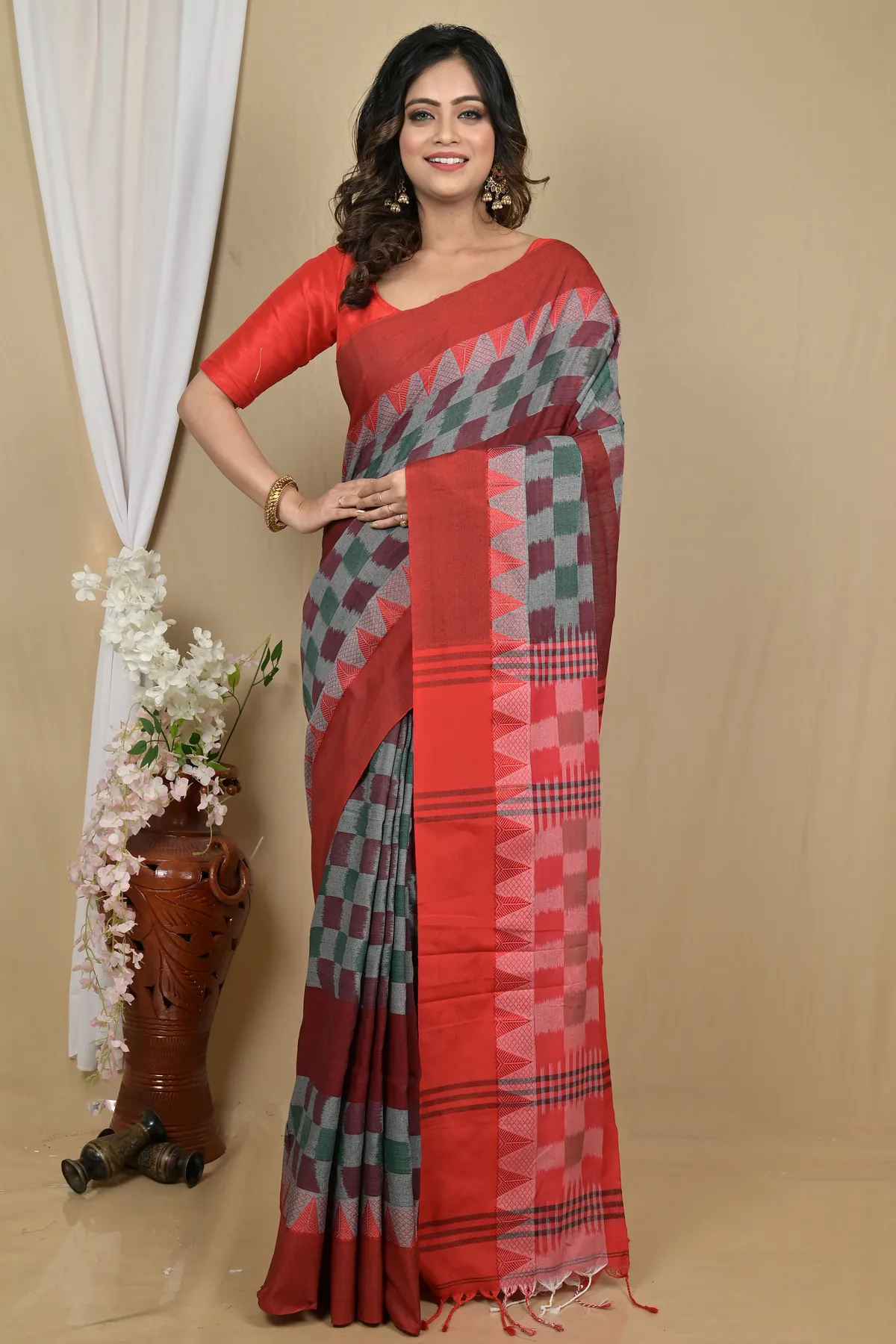 DipDiya Pure Cotton Red Brown Hiran Woven with Tradition Handloom Sarees