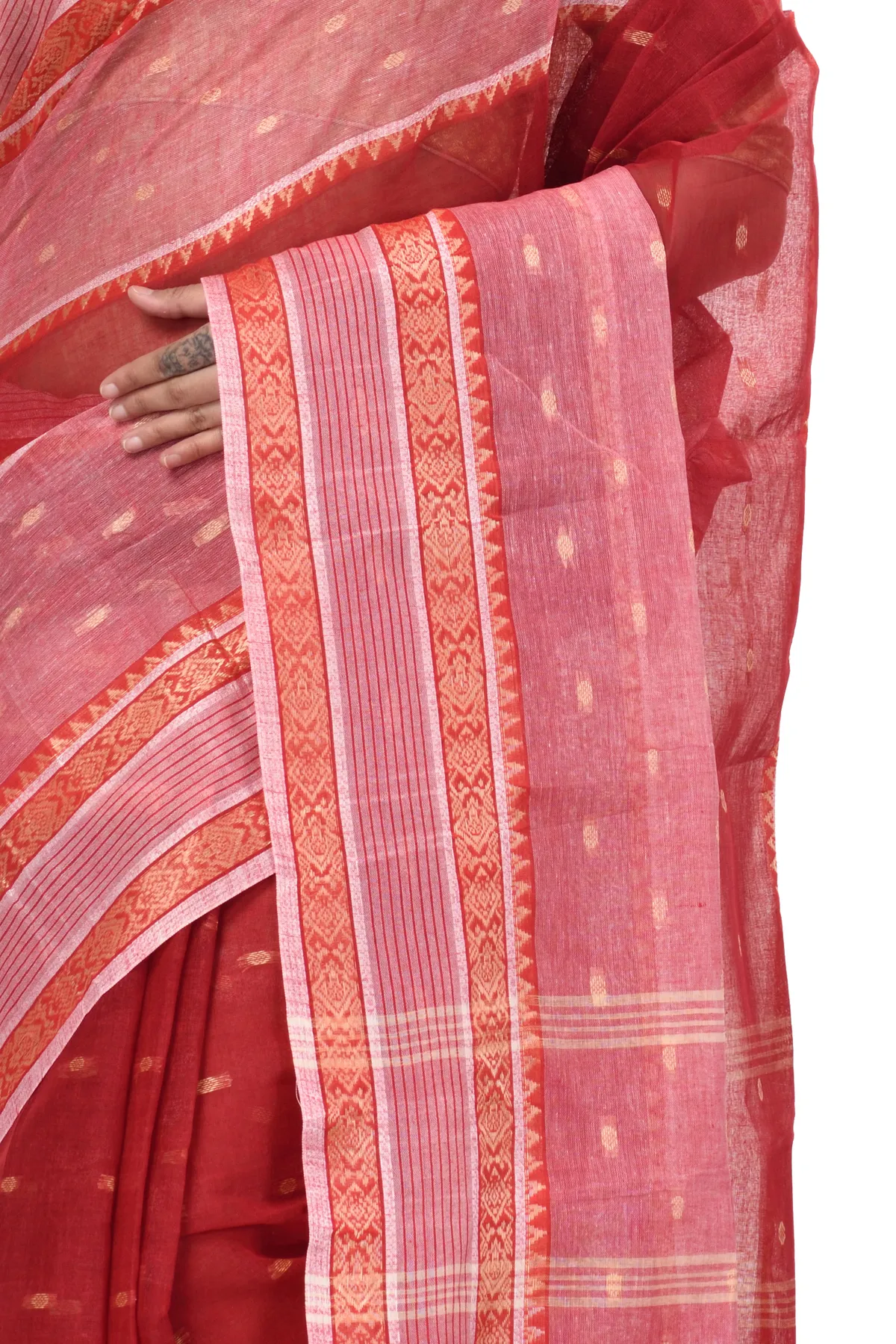DipDiya Pure Cotton Red Debdash Woven with Love Tant Sarees