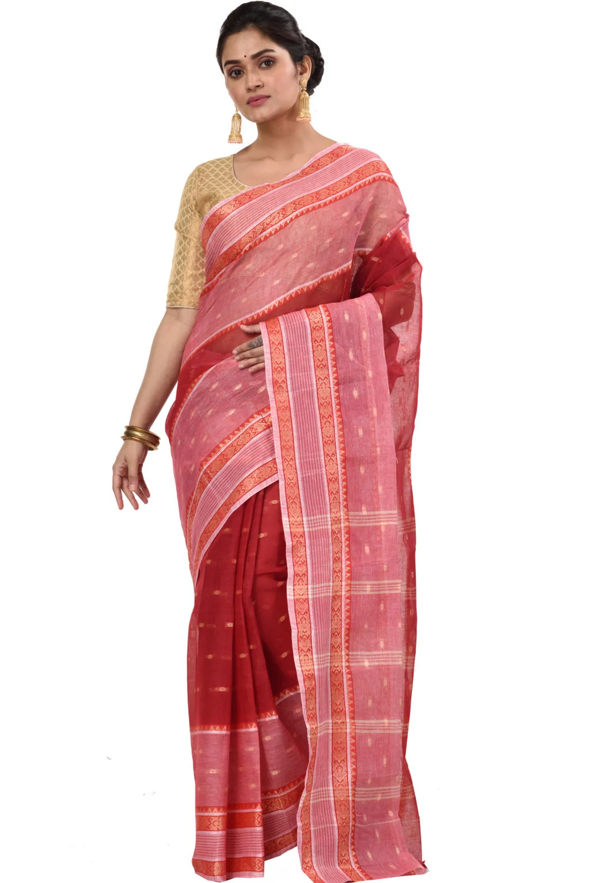 DipDiya Pure Cotton Red Debdash Woven with Love Tant Sarees