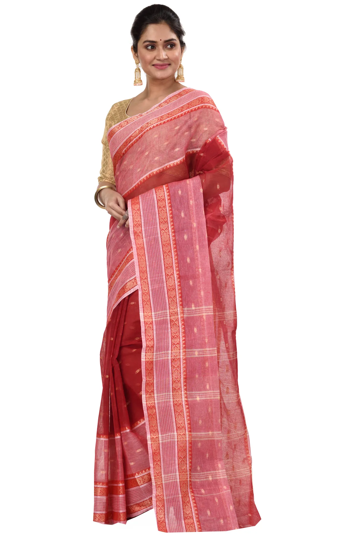 DipDiya Pure Cotton Red Debdash Woven with Love Tant Sarees