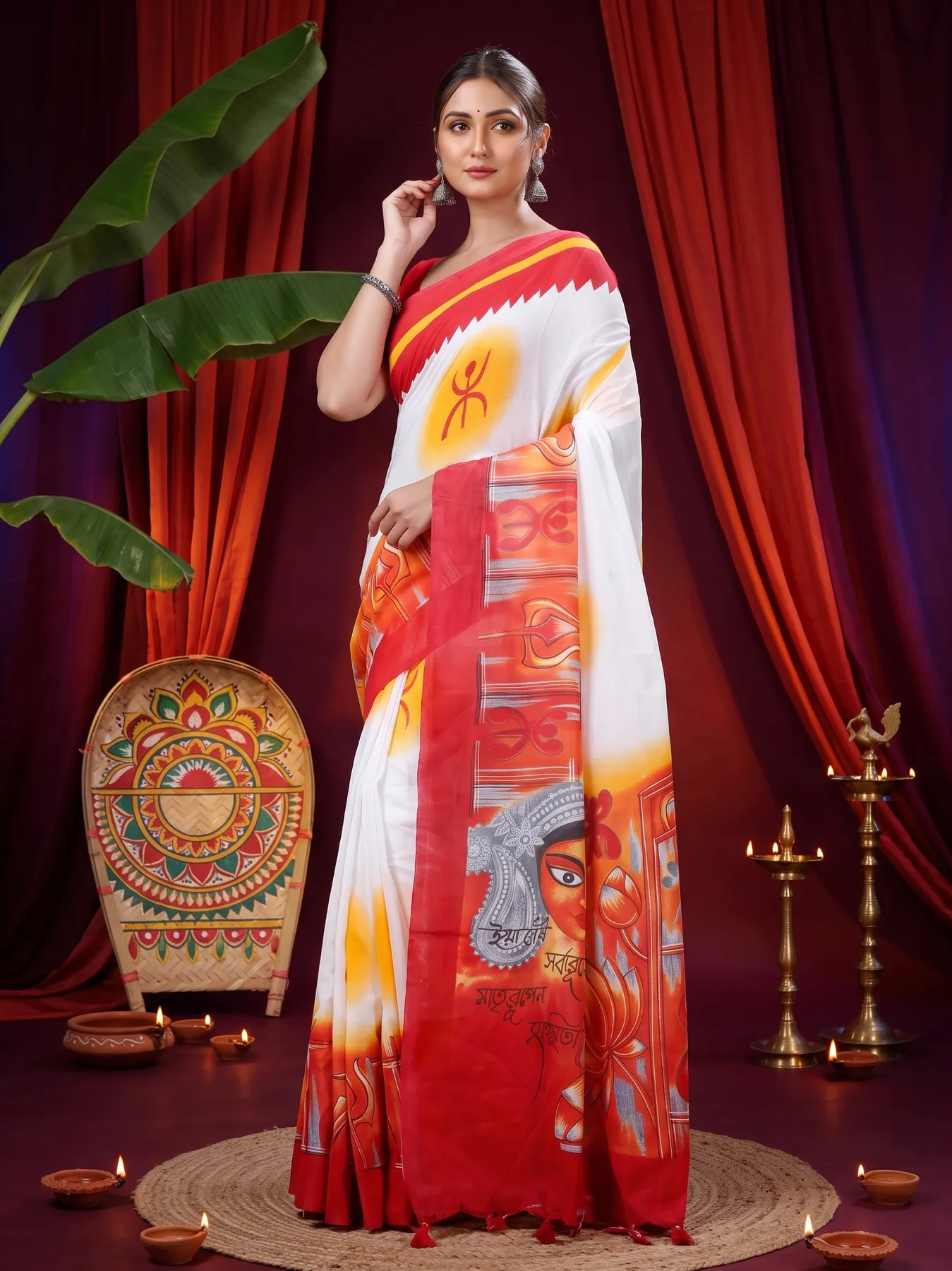 DipDiya Pure Cotton Red Durga Regal Bengali Printed Handloom Sarees