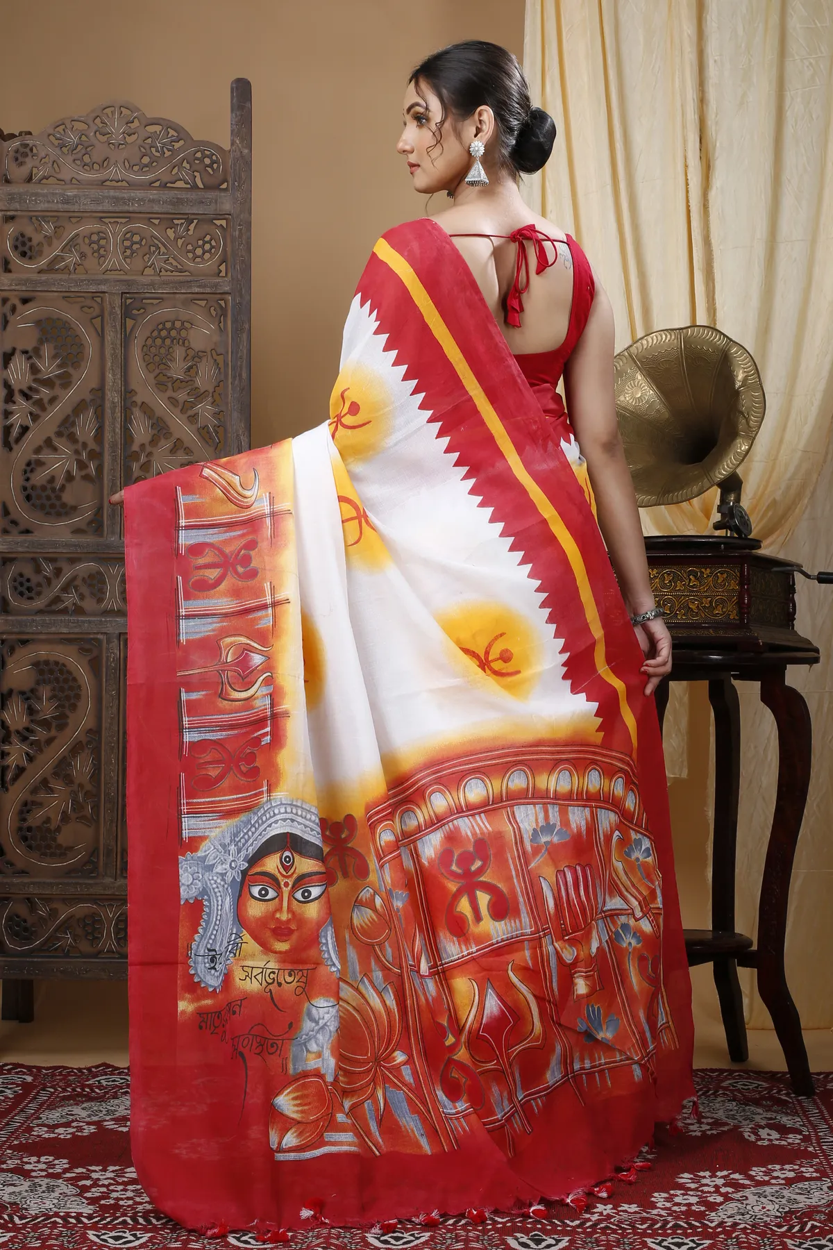 DipDiya Pure Cotton Red Durga Regal Bengali Printed Handloom Sarees