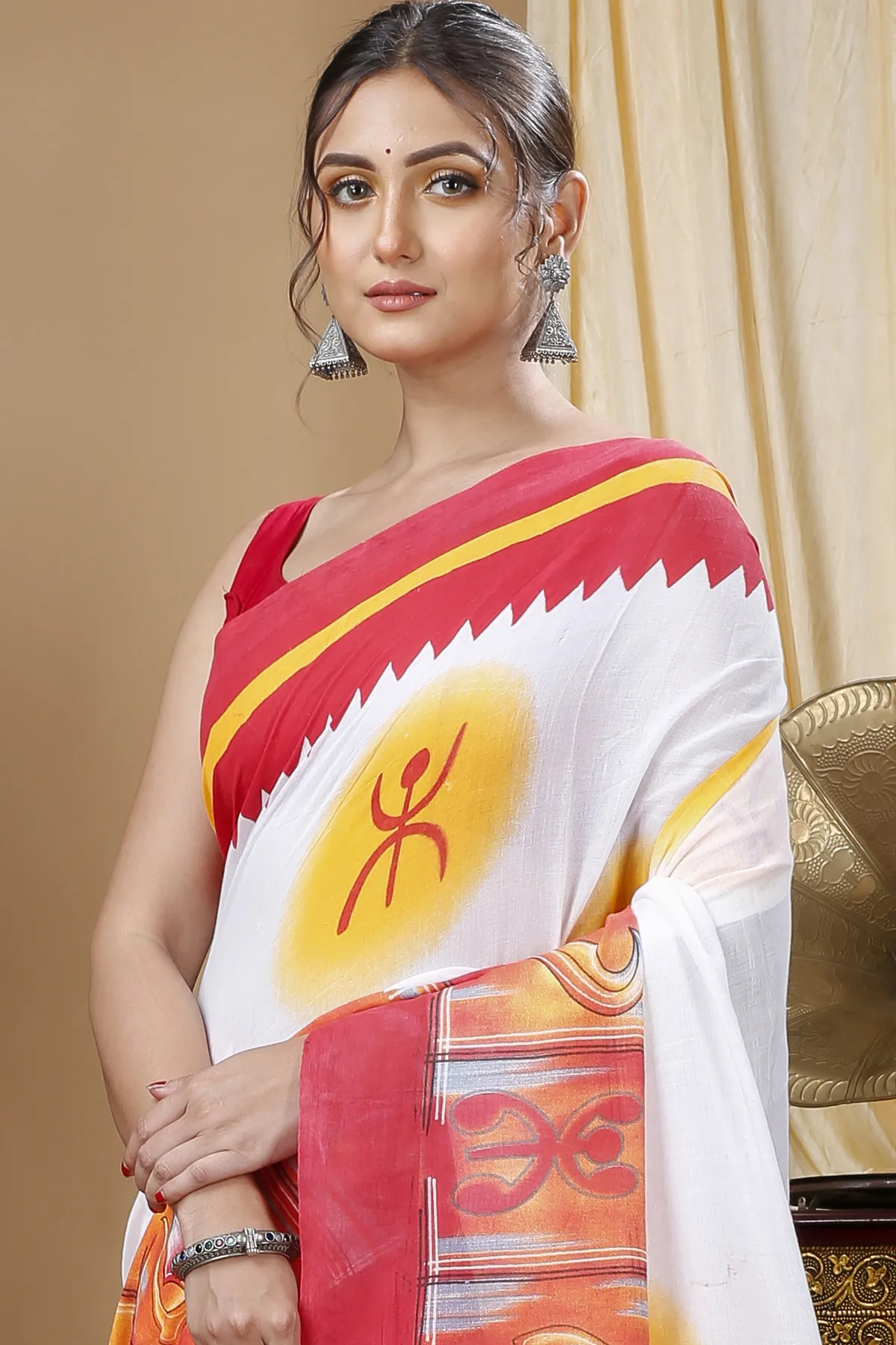 DipDiya Pure Cotton Red Durga Regal Bengali Printed Handloom Sarees