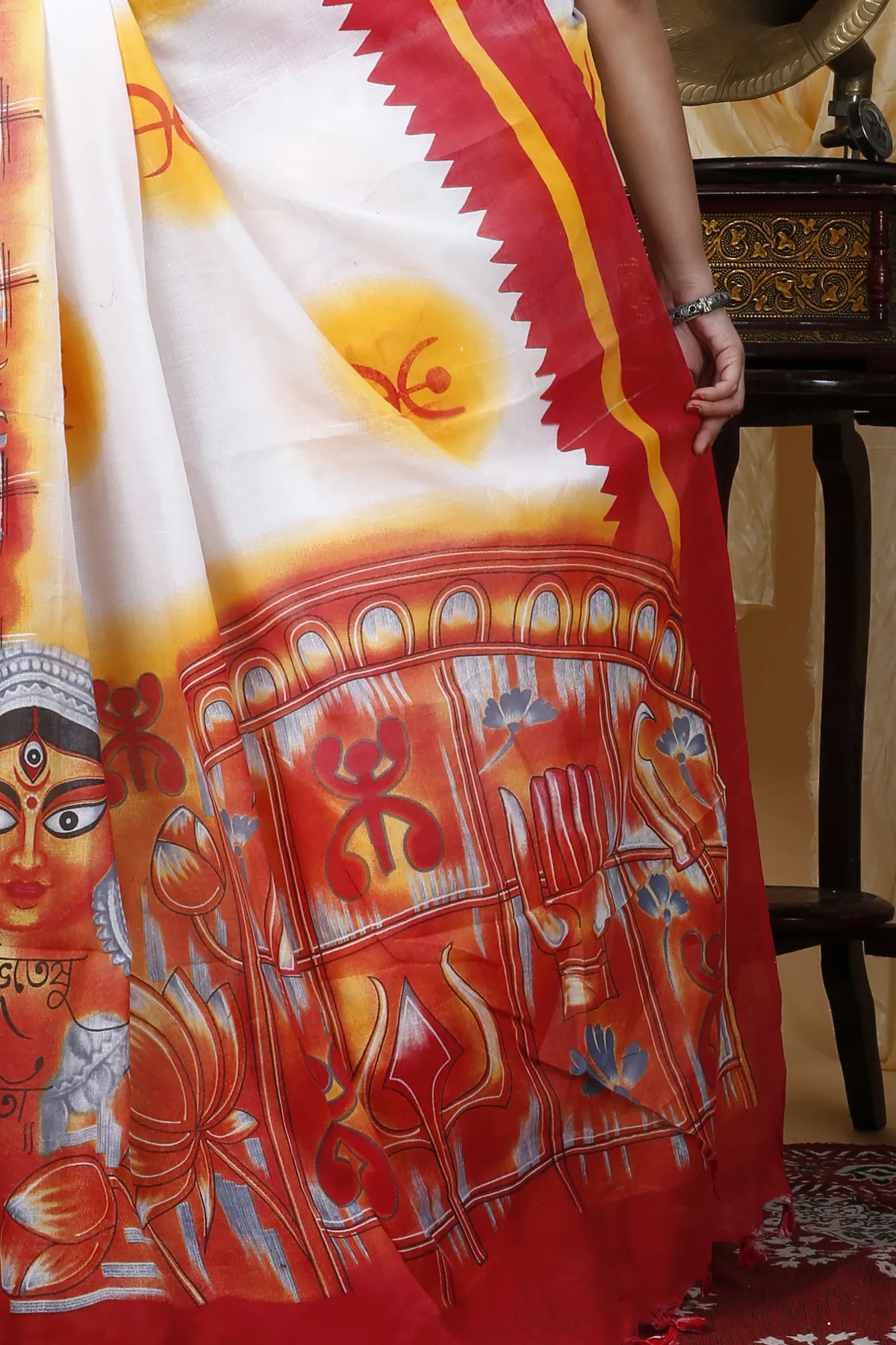DipDiya Pure Cotton Red Durga Regal Bengali Printed Handloom Sarees