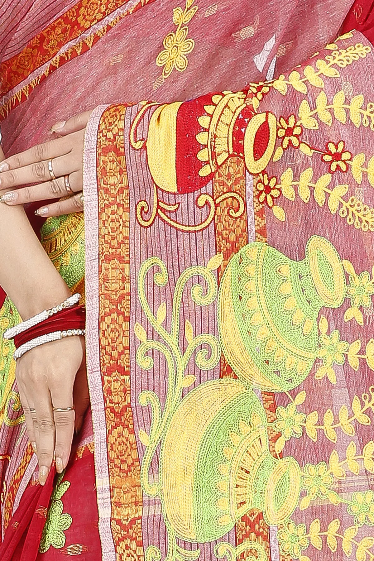 DipDiya Pure Cotton Red Embi Debdash Ghot Woven with Love Embroidery Tant Sarees