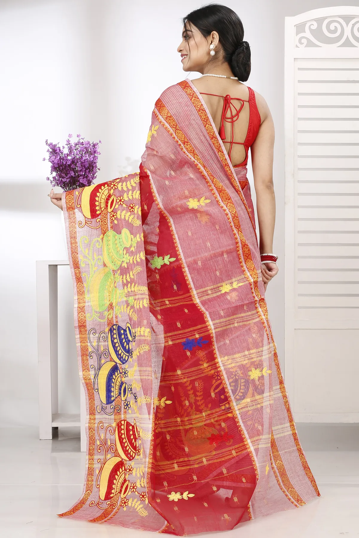 DipDiya Pure Cotton Red Embi Debdash Ghot Woven with Love Embroidery Tant Sarees
