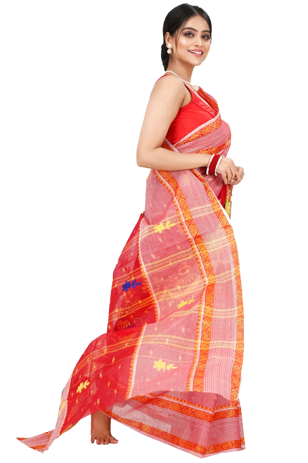 DipDiya Pure Cotton Red Embi Debdash Ghot Woven with Love Embroidery Tant Sarees