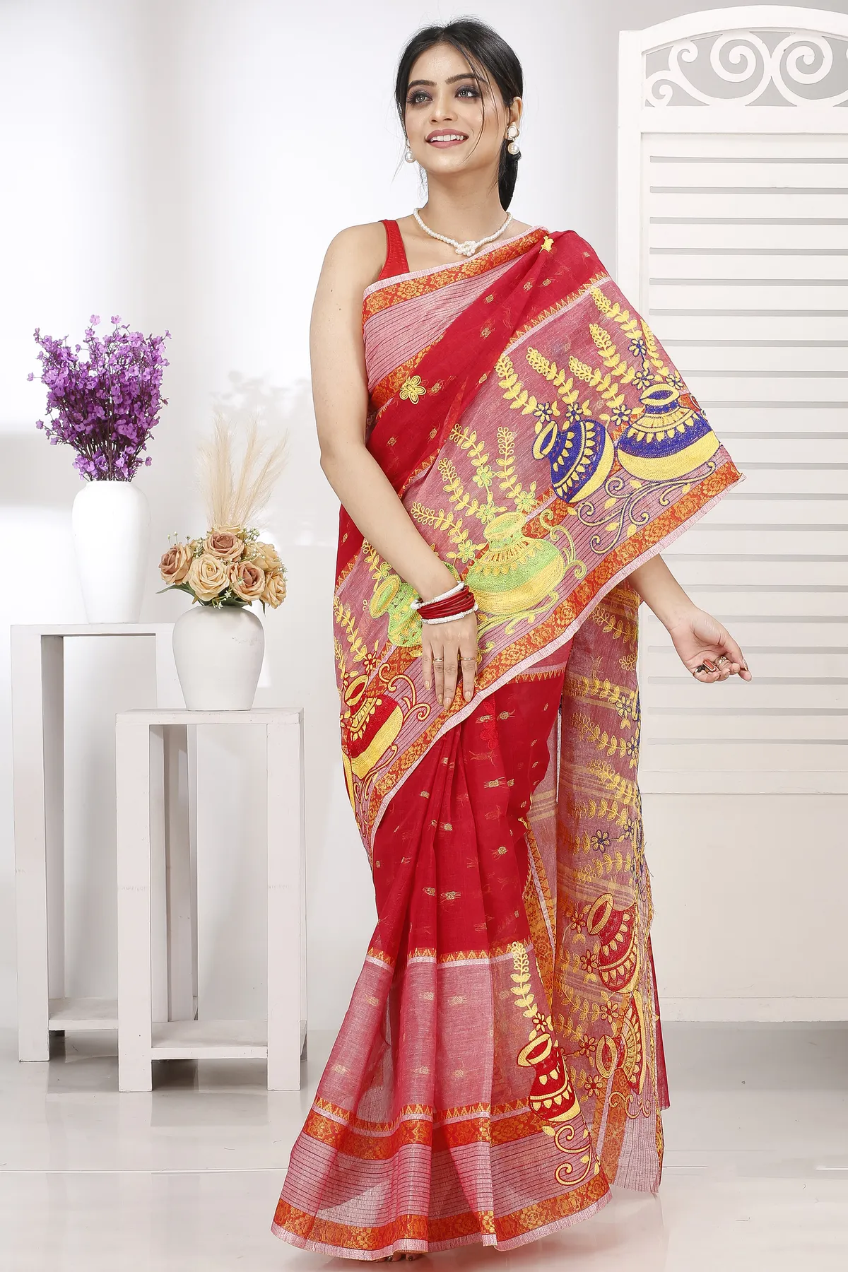 DipDiya Pure Cotton Red Embi Debdash Ghot Woven with Love Embroidery Tant Sarees