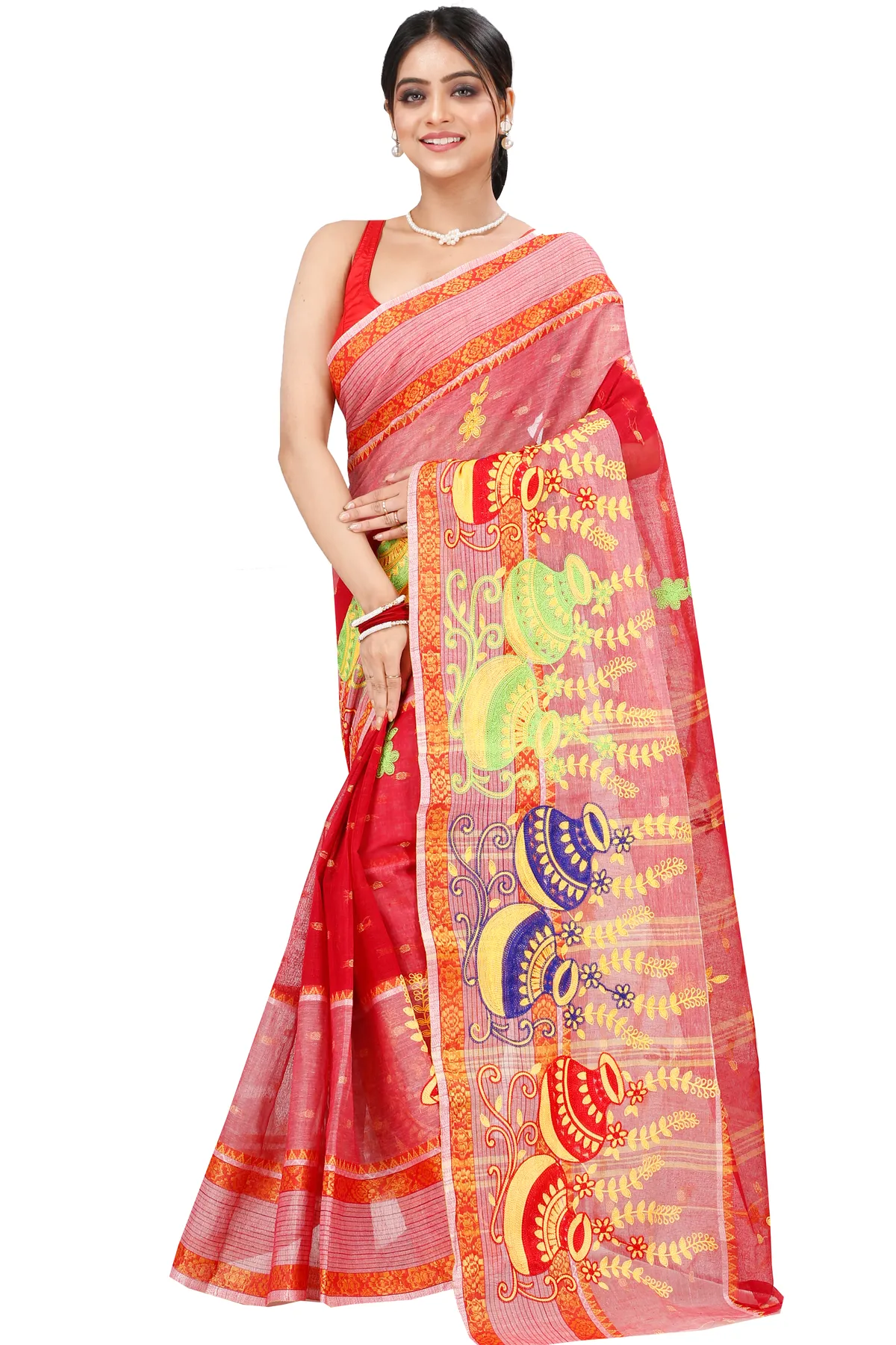 DipDiya Pure Cotton Red Embi Debdash Ghot Woven with Love Embroidery Tant Sarees