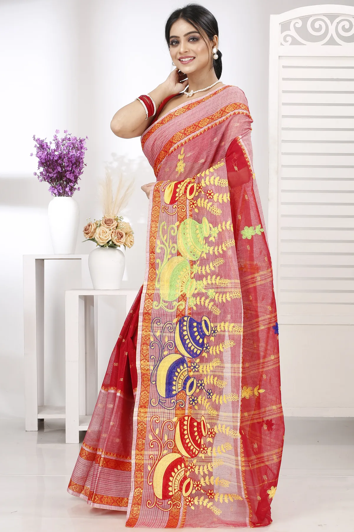DipDiya Pure Cotton Red Embi Debdash Ghot Woven with Love Embroidery Tant Sarees