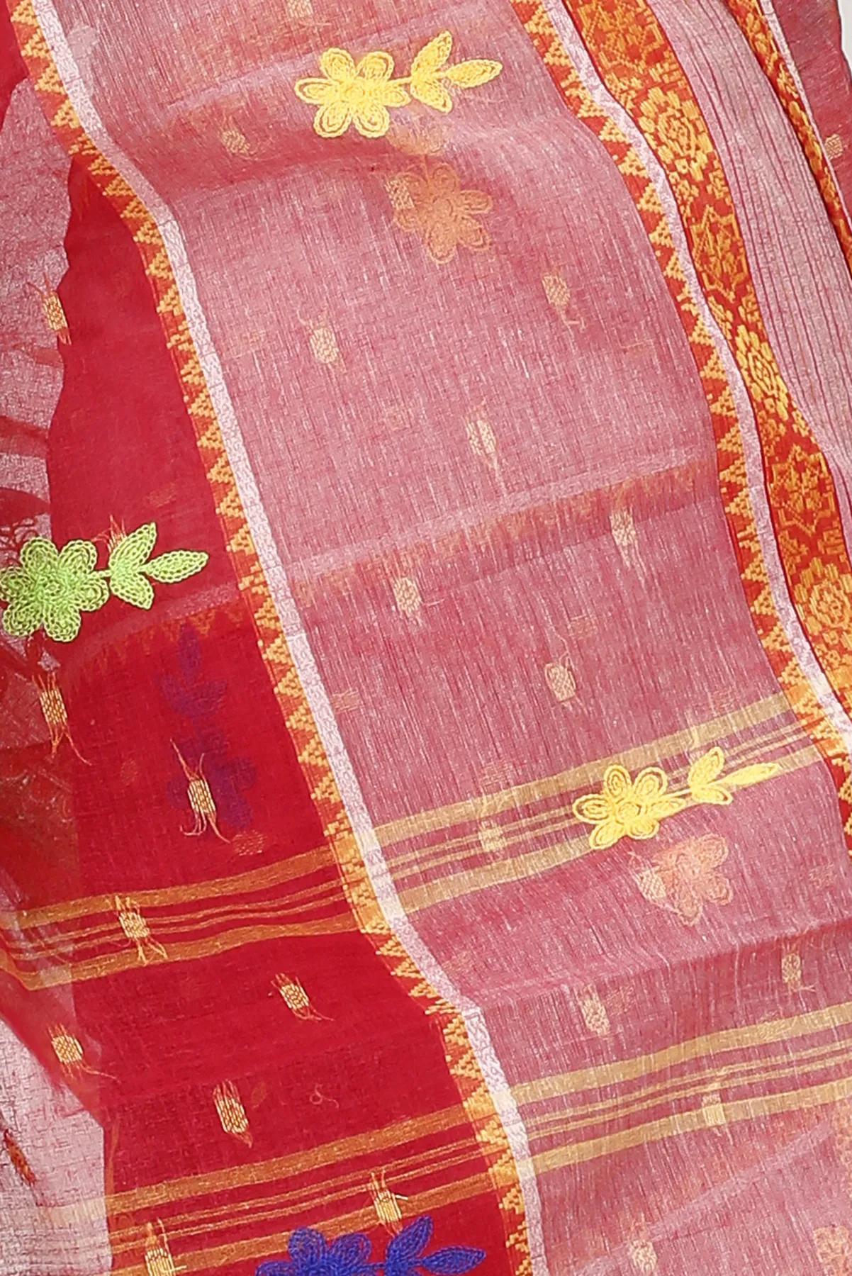 DipDiya Pure Cotton Red Embi Debdash Ghot Woven with Love Embroidery Tant Sarees