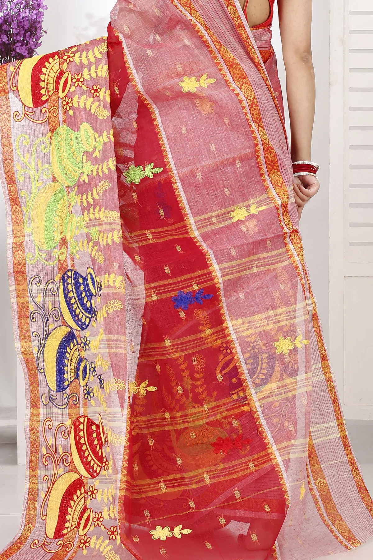DipDiya Pure Cotton Red Embi Debdash Ghot Woven with Love Embroidery Tant Sarees