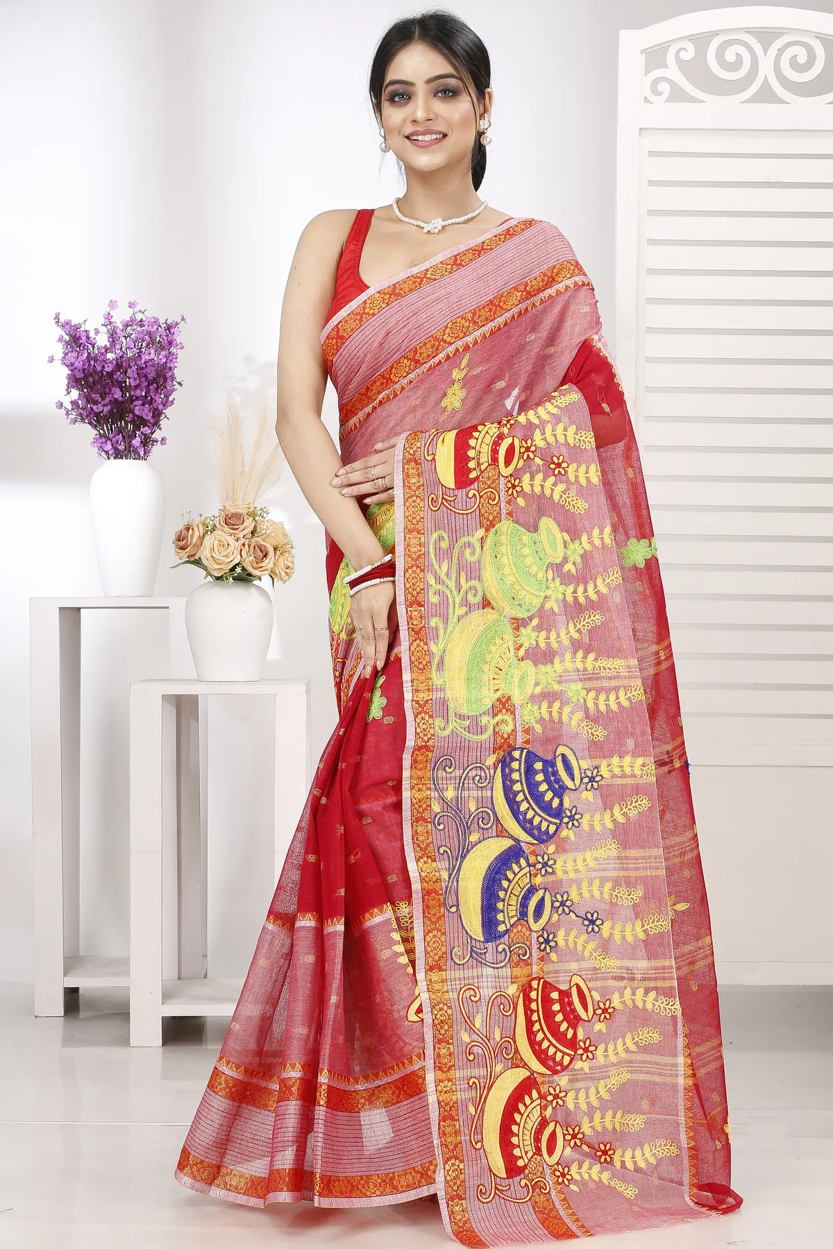 DipDiya Pure Cotton Red Embi Debdash Ghot Woven with Love Embroidery Tant Sarees