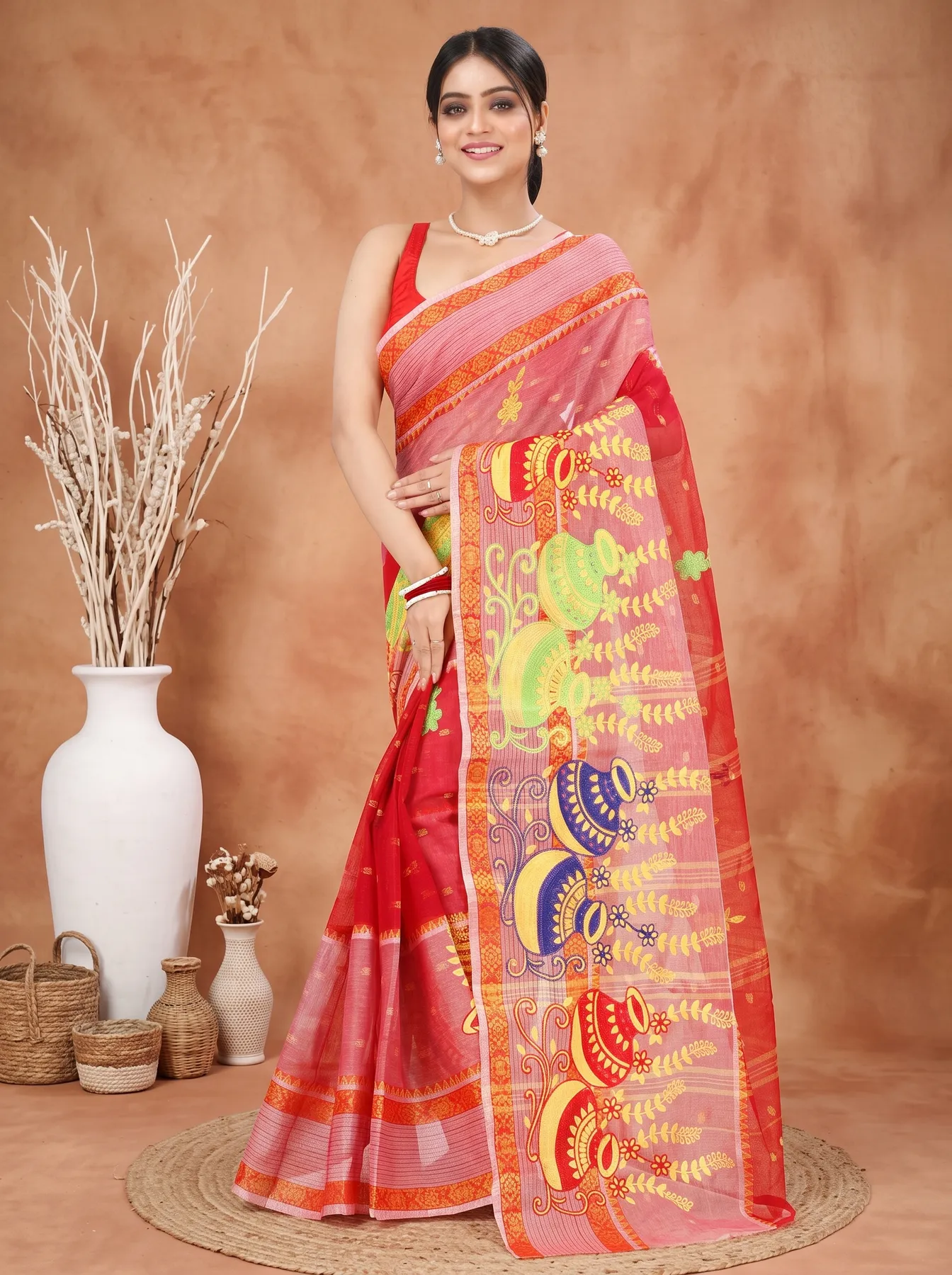 DipDiya Pure Cotton Red Embi Debdash Ghot Woven with Love Embroidery Tant Sarees
