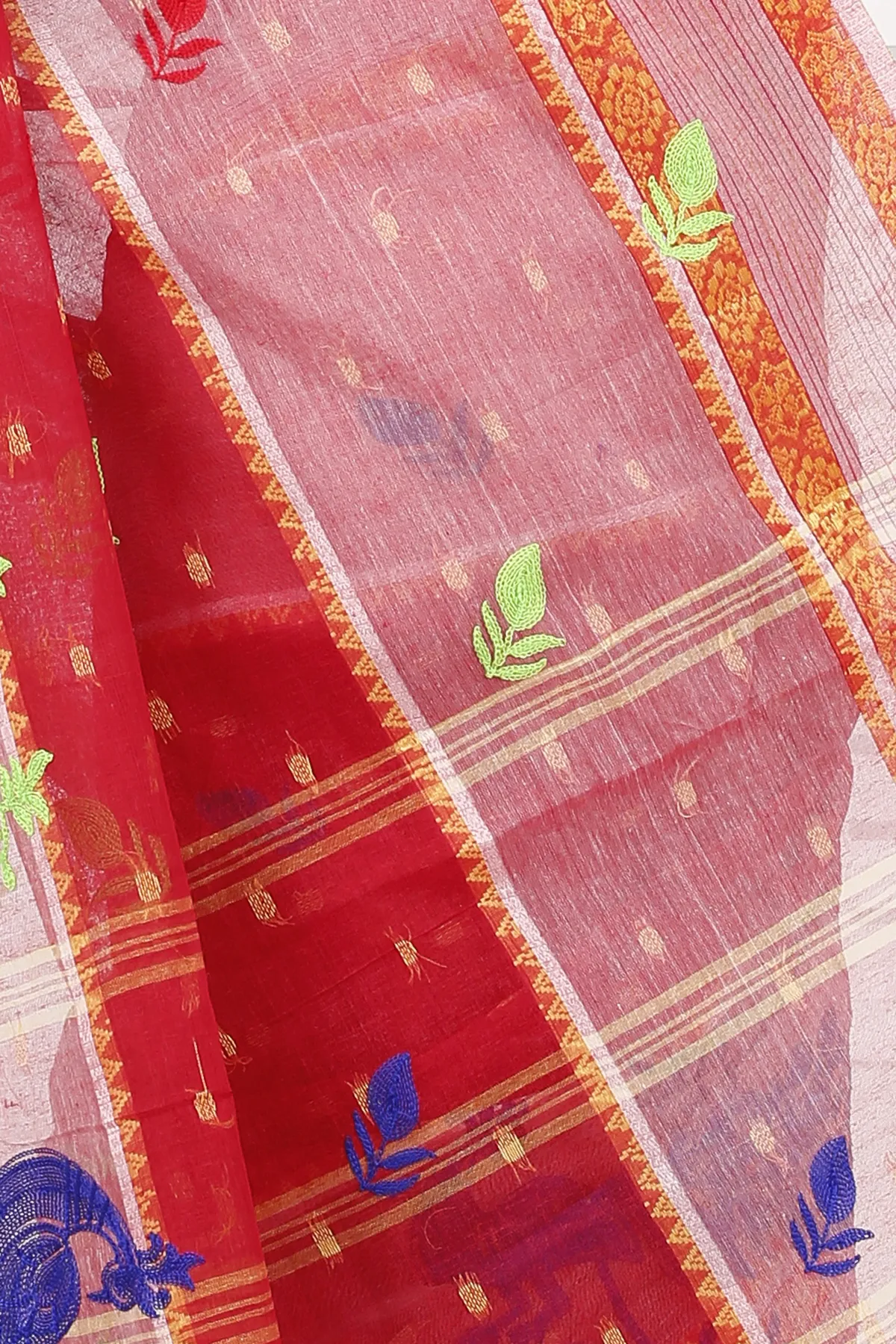 DipDiya Pure Cotton Red Embi Debdash Moyur Wrapped in Heritage Embroidery Tant Sarees
