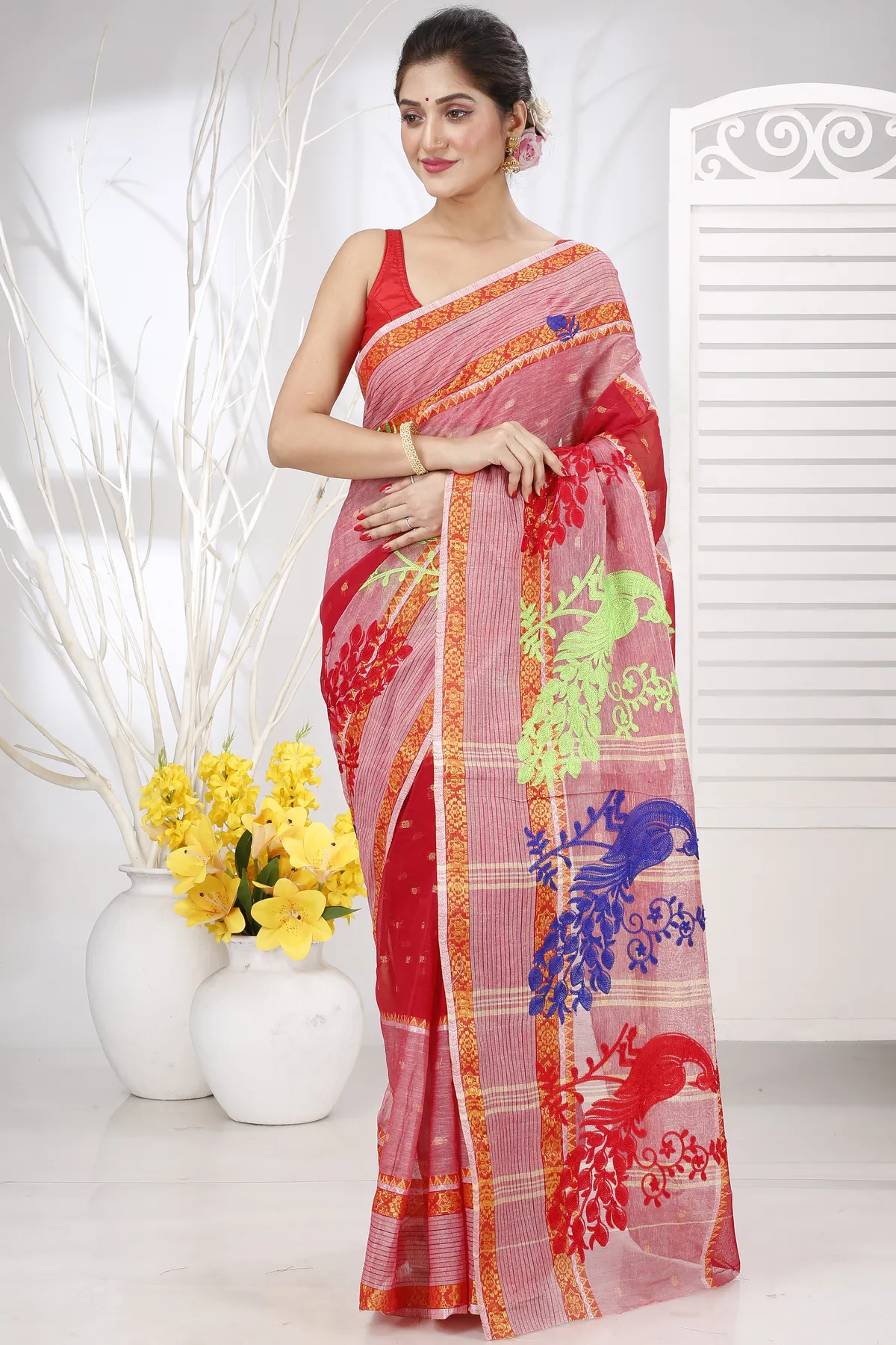 DipDiya Pure Cotton Red Embi Debdash Moyur Wrapped in Heritage Embroidery Tant Sarees