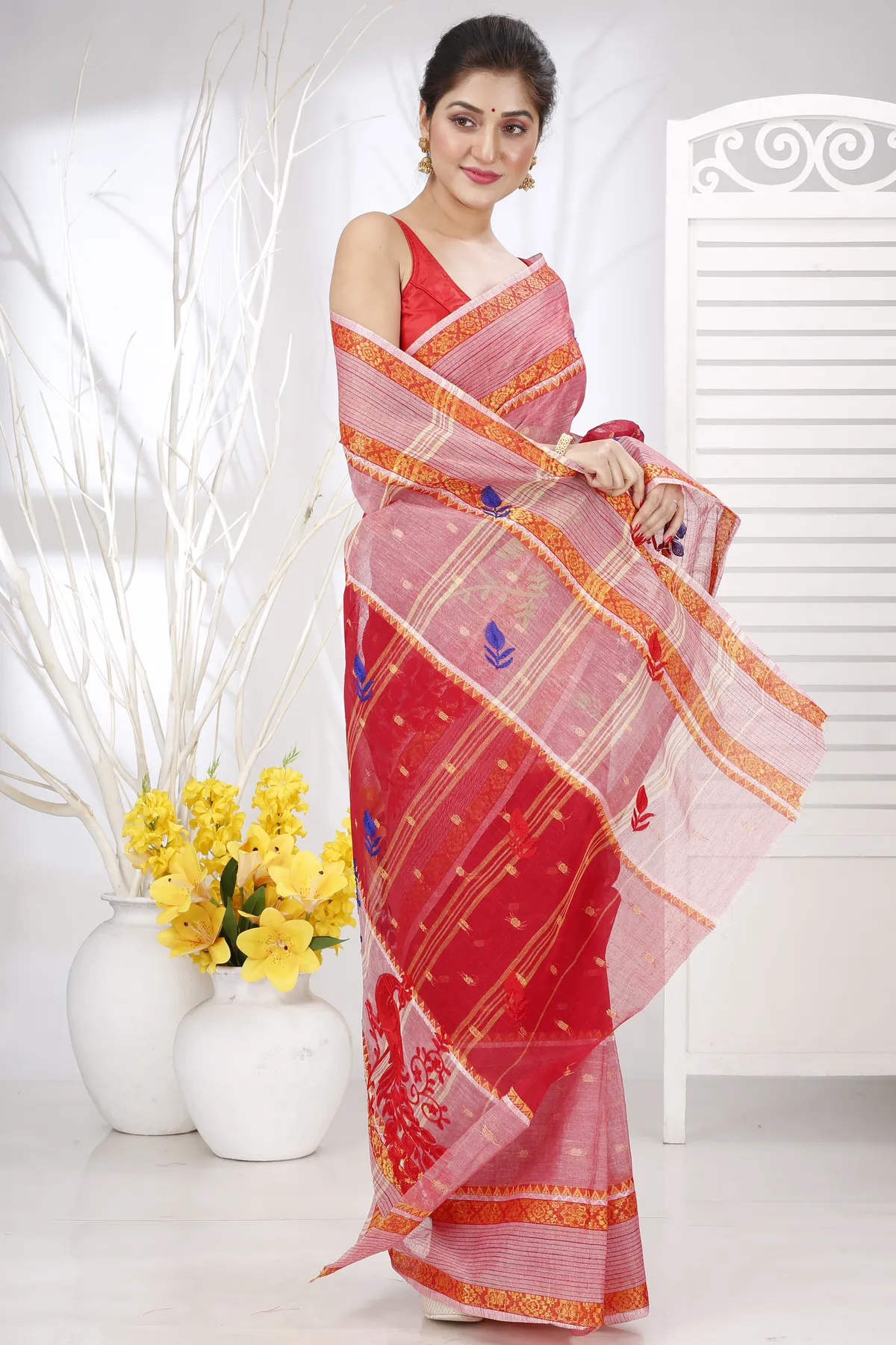 DipDiya Pure Cotton Red Embi Debdash Moyur Wrapped in Heritage Embroidery Tant Sarees