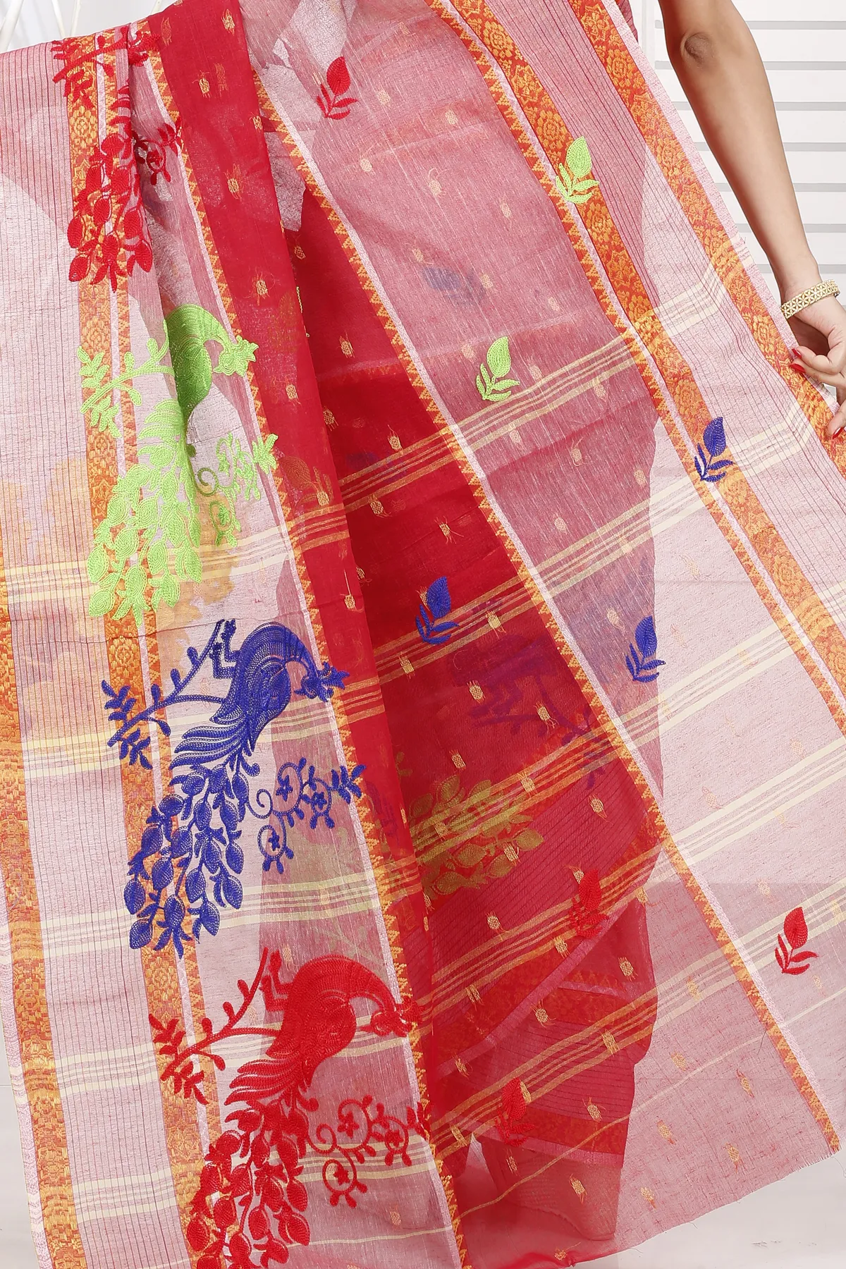 DipDiya Pure Cotton Red Embi Debdash Moyur Wrapped in Heritage Embroidery Tant Sarees