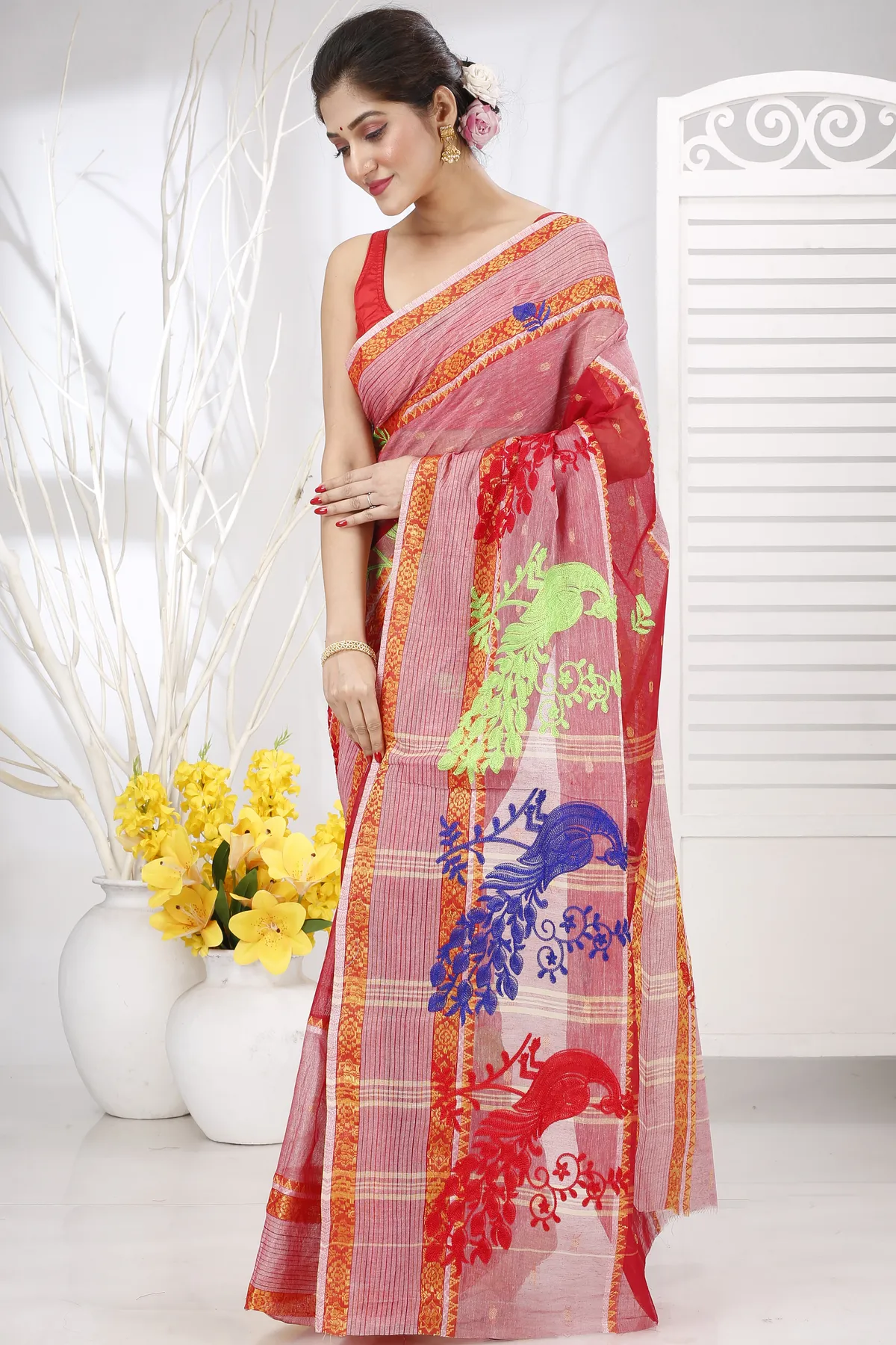 DipDiya Pure Cotton Red Embi Debdash Moyur Wrapped in Heritage Embroidery Tant Sarees