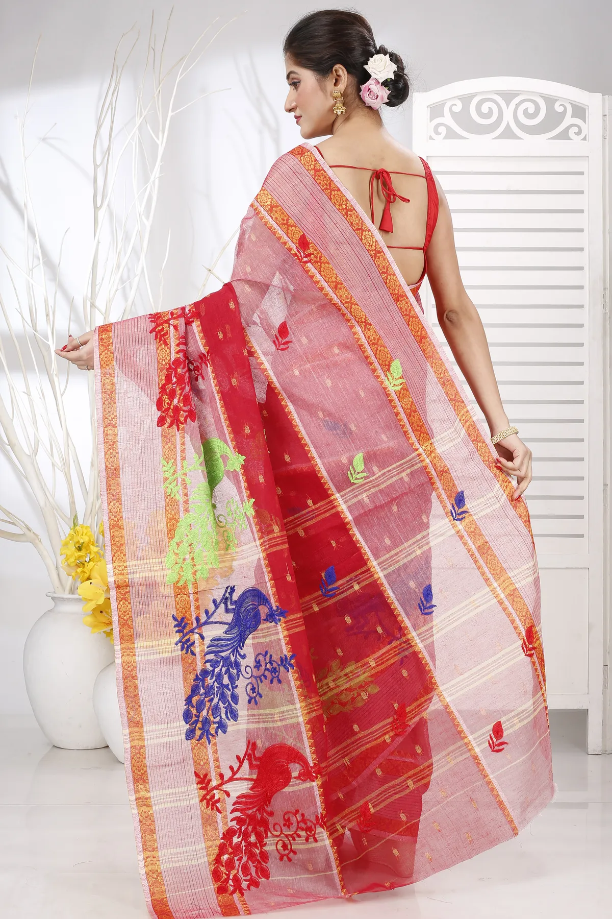 DipDiya Pure Cotton Red Embi Debdash Moyur Wrapped in Heritage Embroidery Tant Sarees