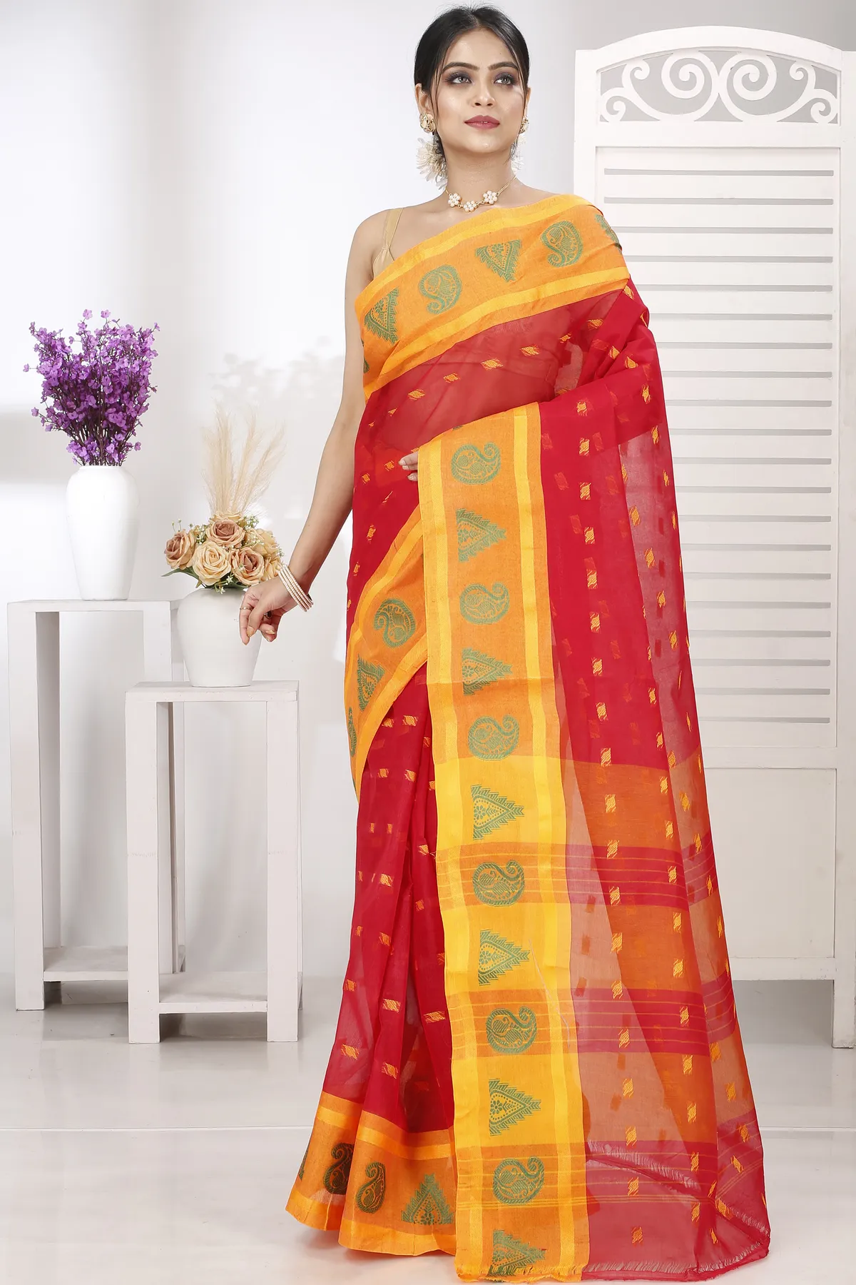 DipDiya Pure Cotton Red Emma Border Masterfully Woven Tant Sarees