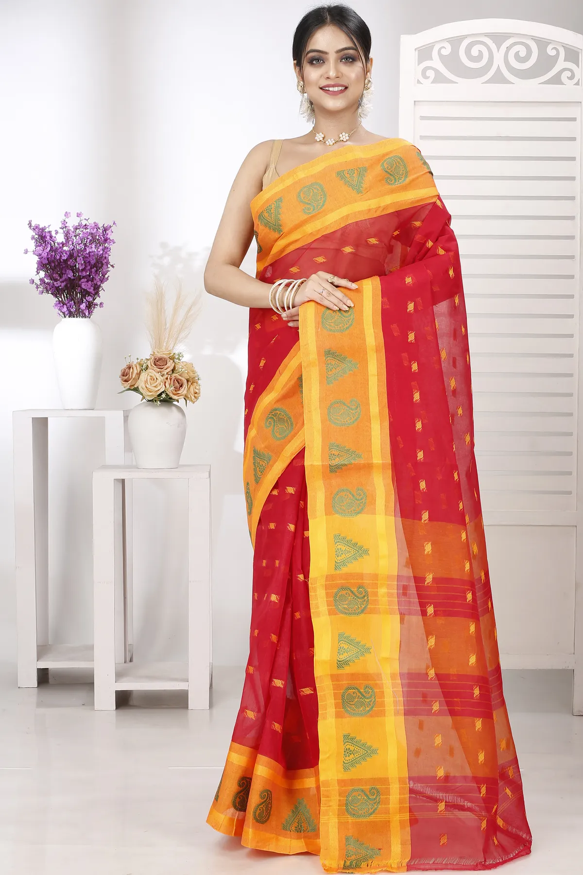DipDiya Pure Cotton Red Emma Border Masterfully Woven Tant Sarees