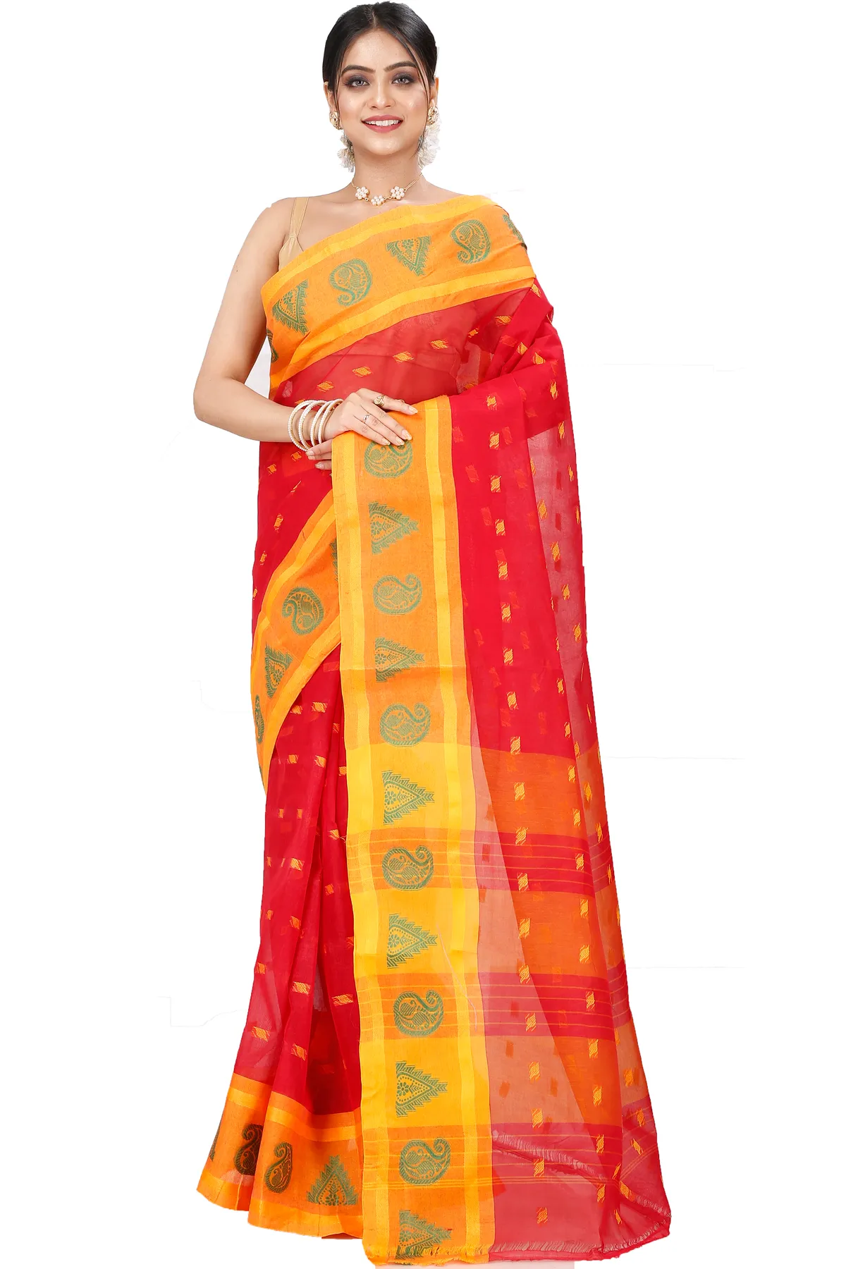 DipDiya Pure Cotton Red Emma Border Masterfully Woven Tant Sarees