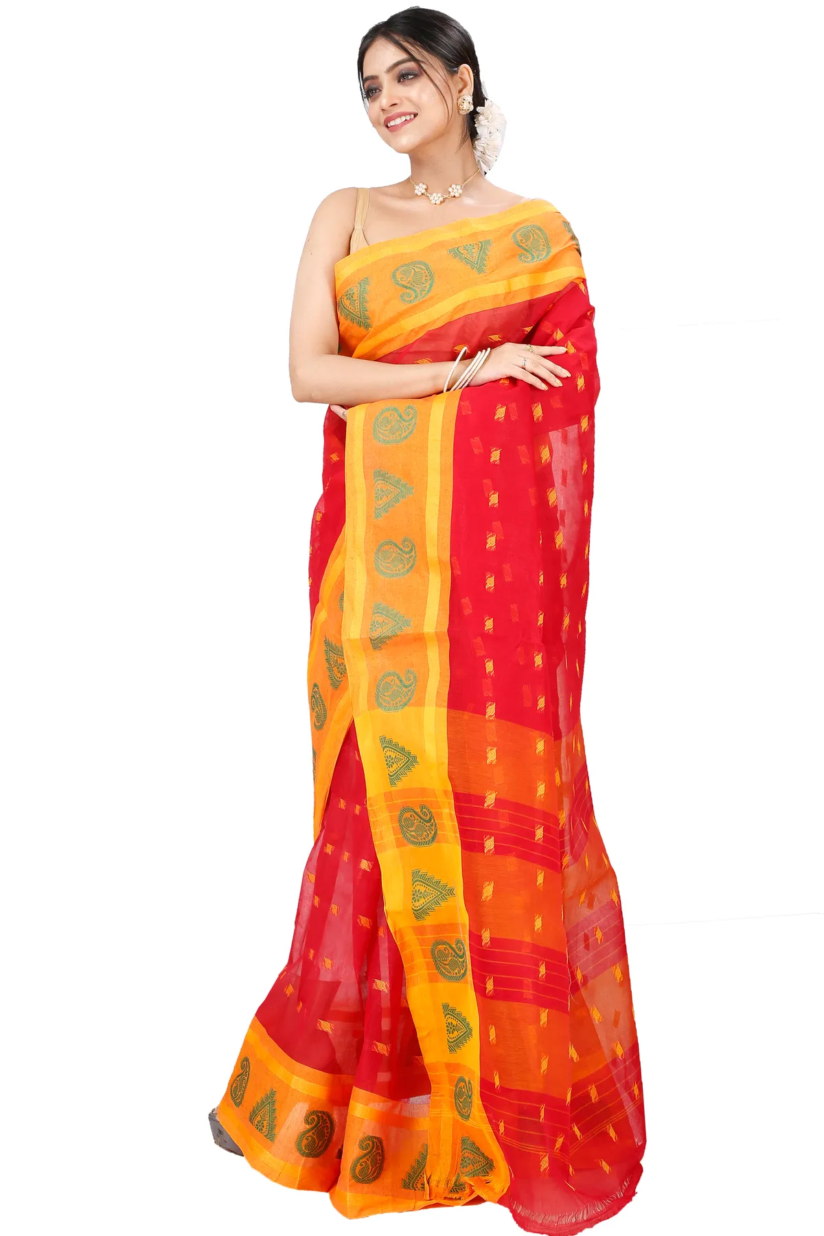DipDiya Pure Cotton Red Emma Border Masterfully Woven Tant Sarees