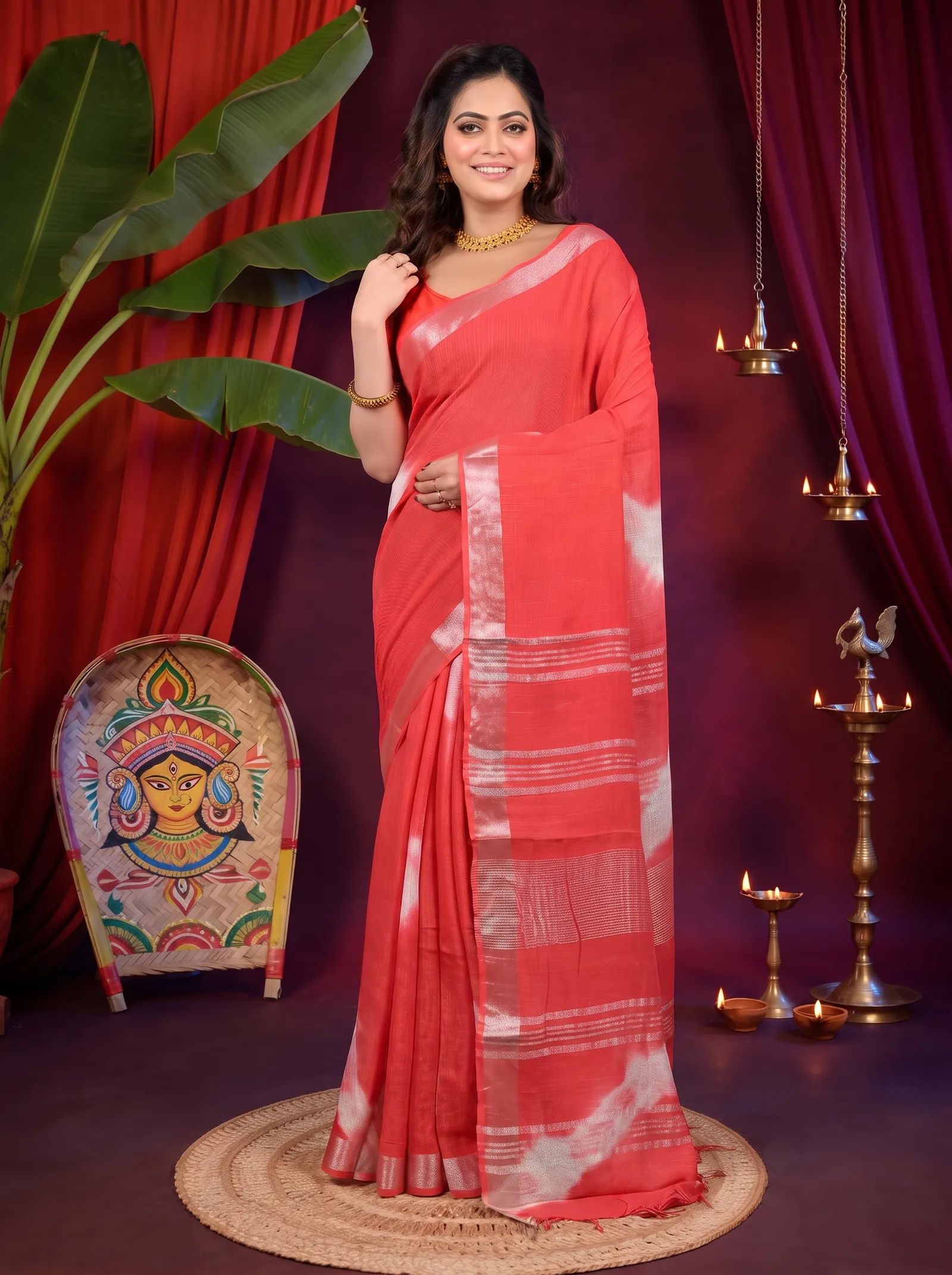 DipDiya Pure Cotton Red Finui Timeless Elegance Handloom Sarees