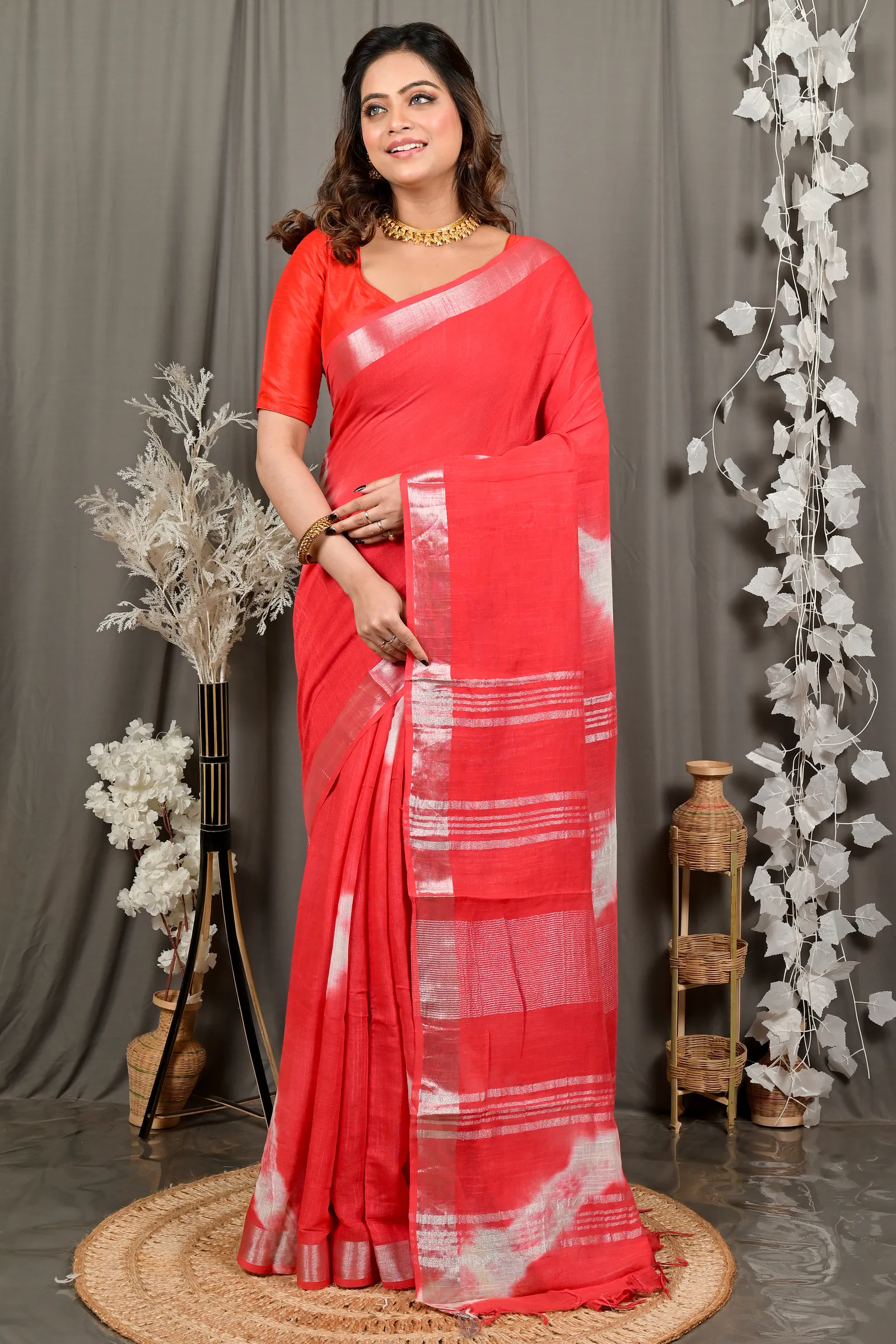 DipDiya Pure Cotton Red Finui Timeless Elegance Handloom Sarees