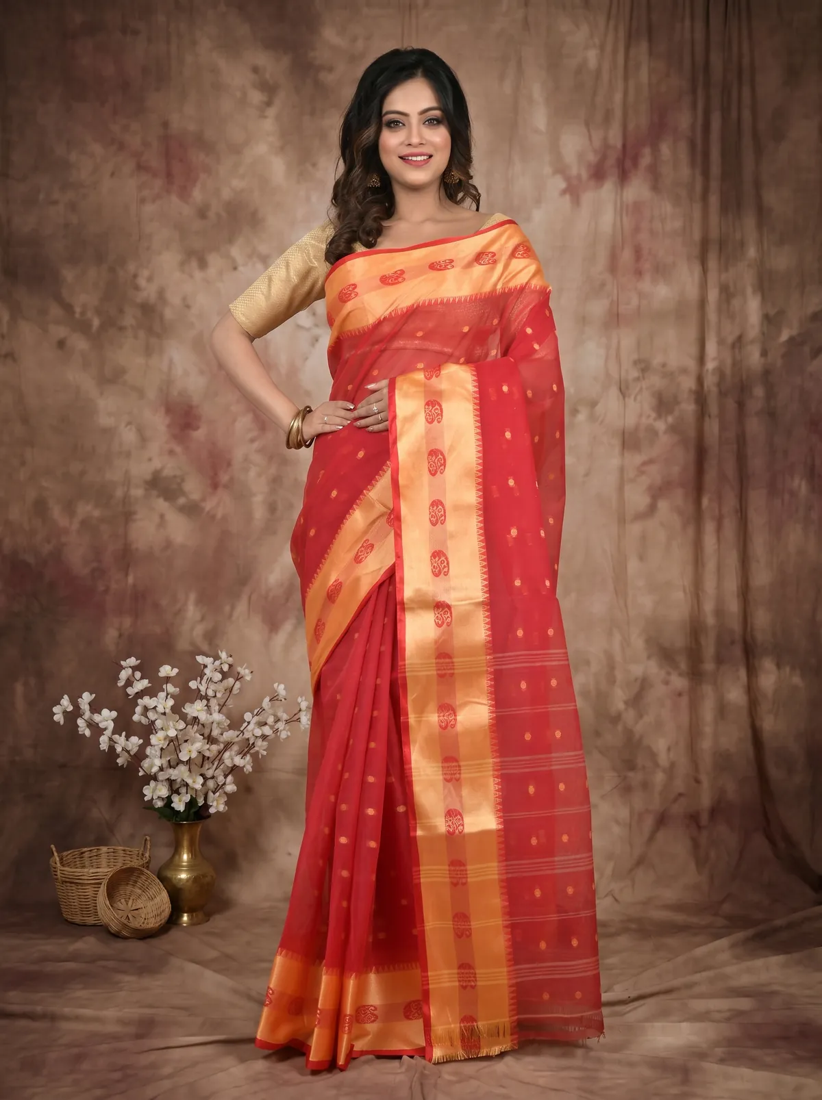 DipDiya Pure Cotton Red Gold Achma Bengal’s Tradition Tant Sarees